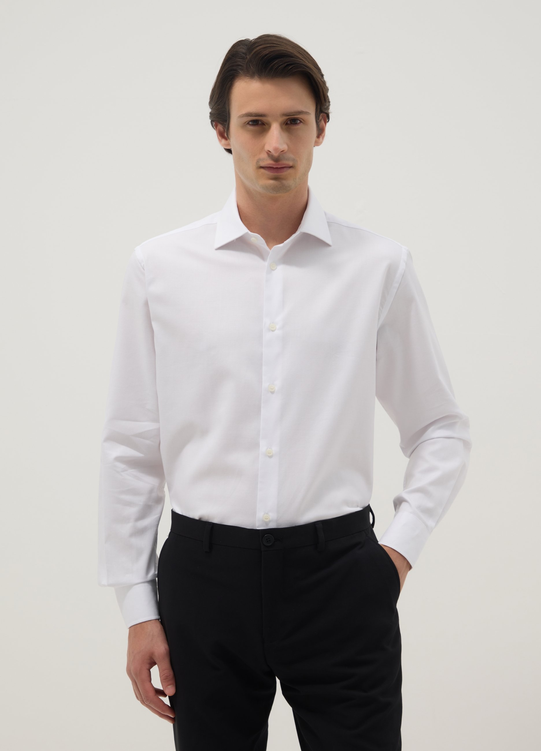 Camisa Blanca De Manga Larga En Puro Algodón Regular Fit, Hombre, Blanco óptico, Talla: 41