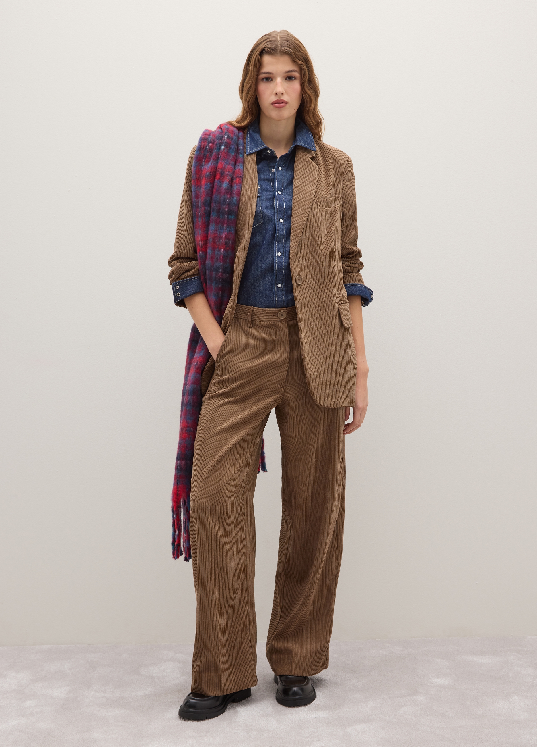 PIOMBO, Pantaloni In Tessuto Elasticizzato Marroni Regular Fit A Coste, Donna, Marrone, Taglia: S