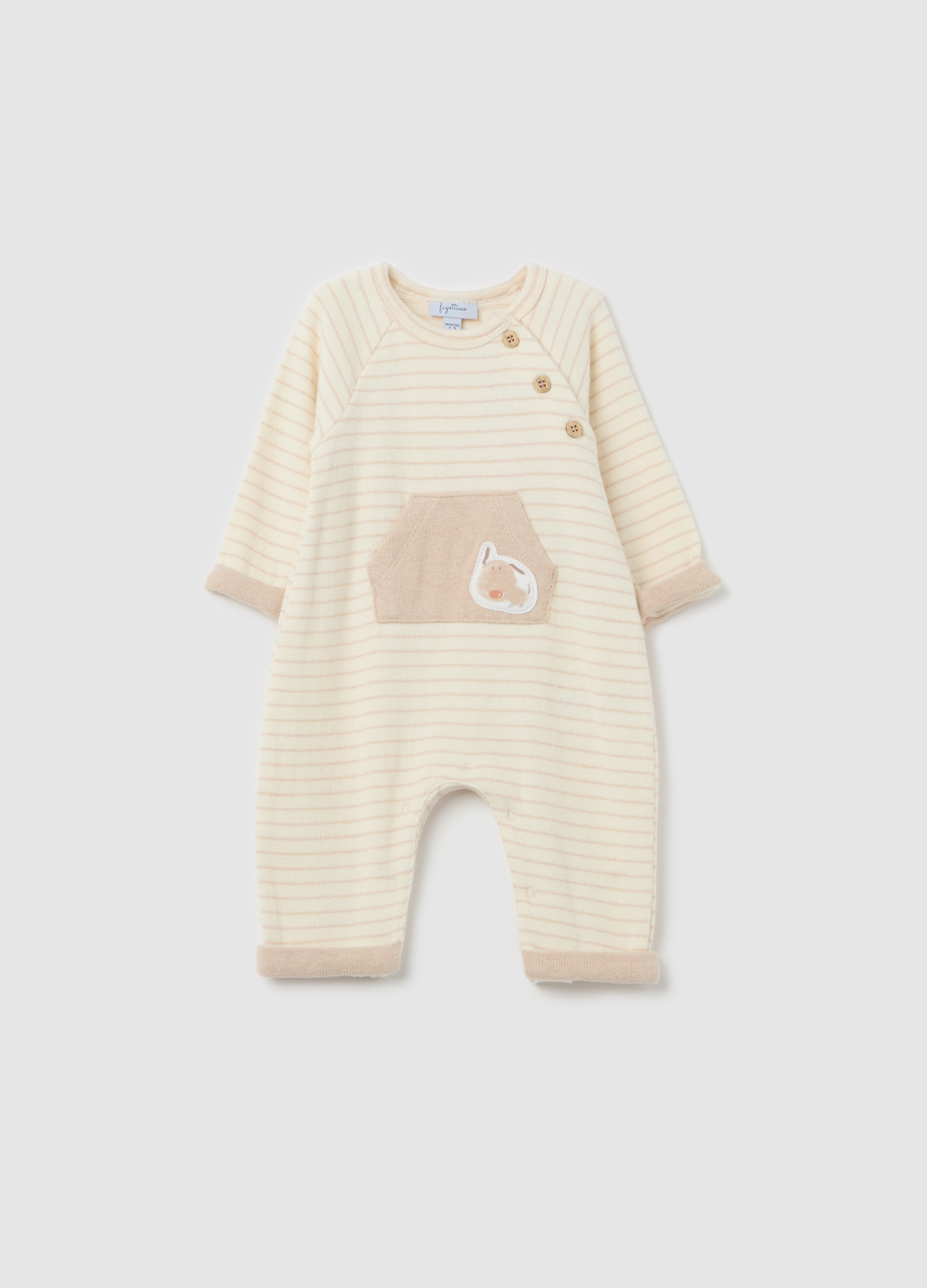 FAGOTTINO, Tutina In Fantasia A Righe Con Cagnolino, Unisex, Beige, Taglia: 1-3
