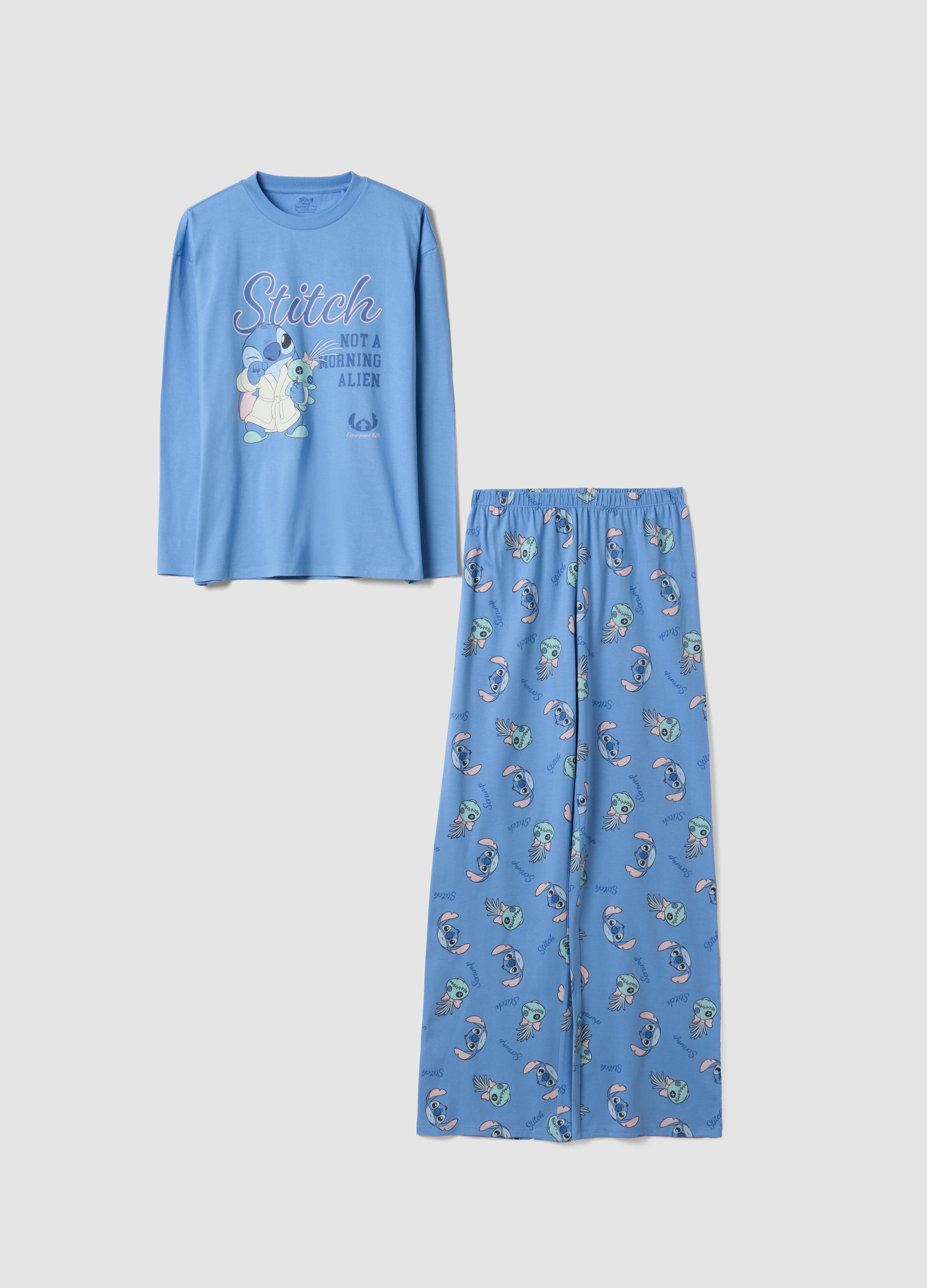 DISNEY, Pigiama Azzurro In Puro Cotone Organico Con Stampa Lilo & Stitch Per Bambina, Azzurro, Taglia: 12-13
