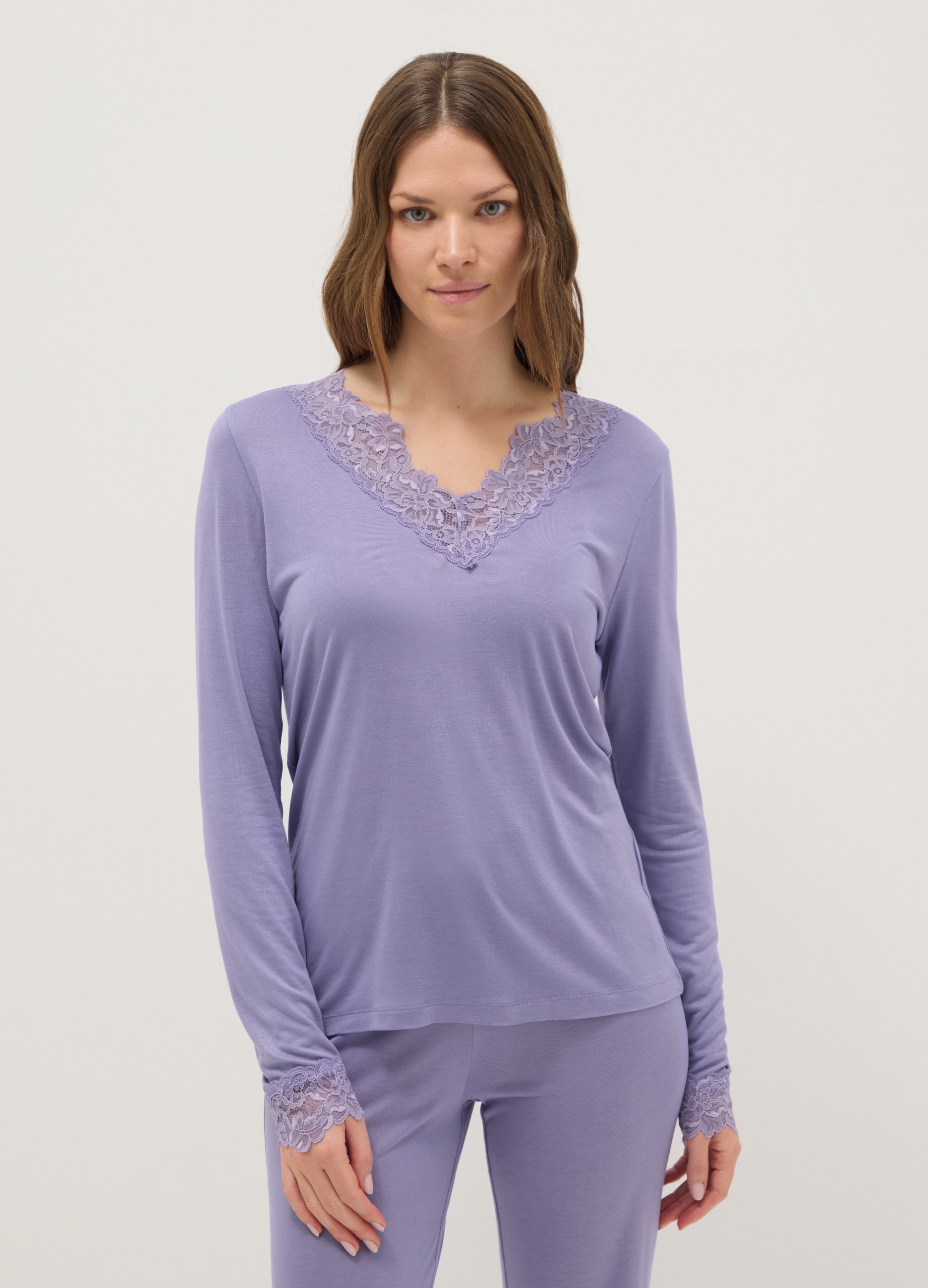 Camisón Morado Con Escote De Pico De Encaje, Ajuste Regular, Mujer, Lavanda, Talla: M