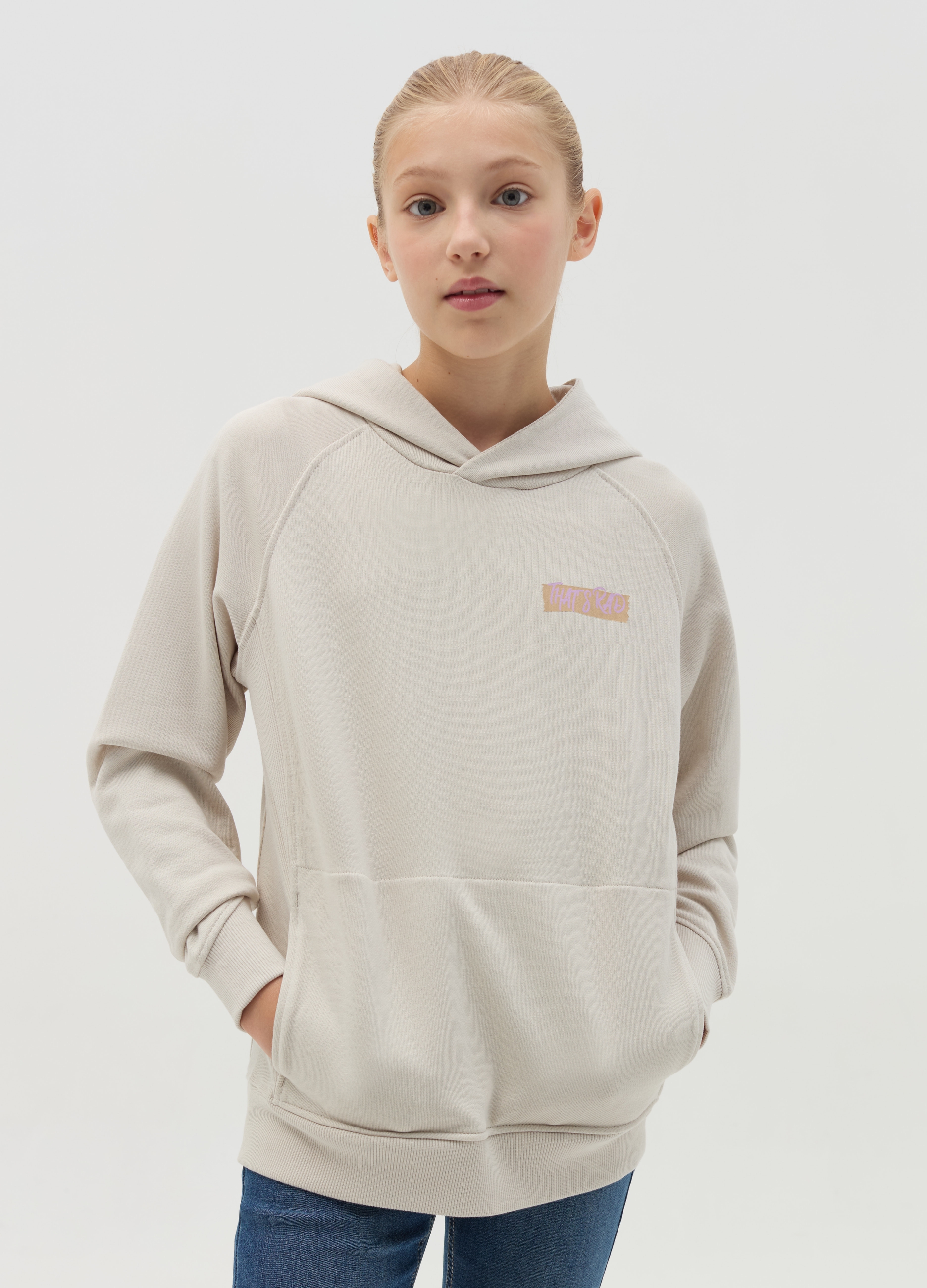 OVS KIDS, Felpa In French Terry Con Cappuccio E Stampa, Bambina, Bianco, Taglia: 10-11