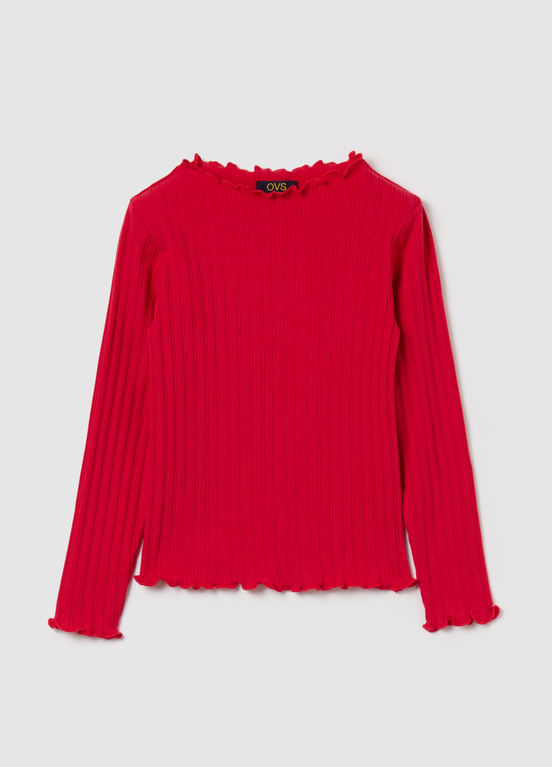 Camiseta Manga Larga En Canalé Ribetes Ondulados, Niña, Rojo, Talla: 3-4