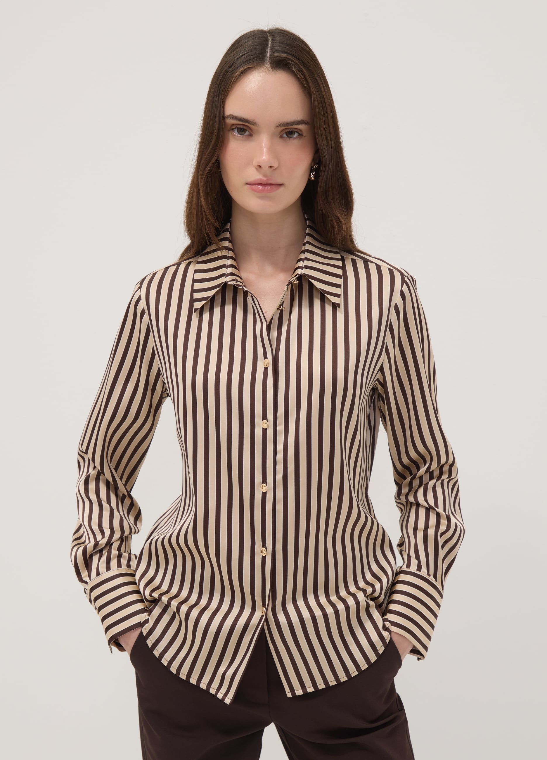 OVS, Camicia Gialla A Righe Marroni In Tessuto Elasticizzato, Donna, Multicolor, Taglia: 38
