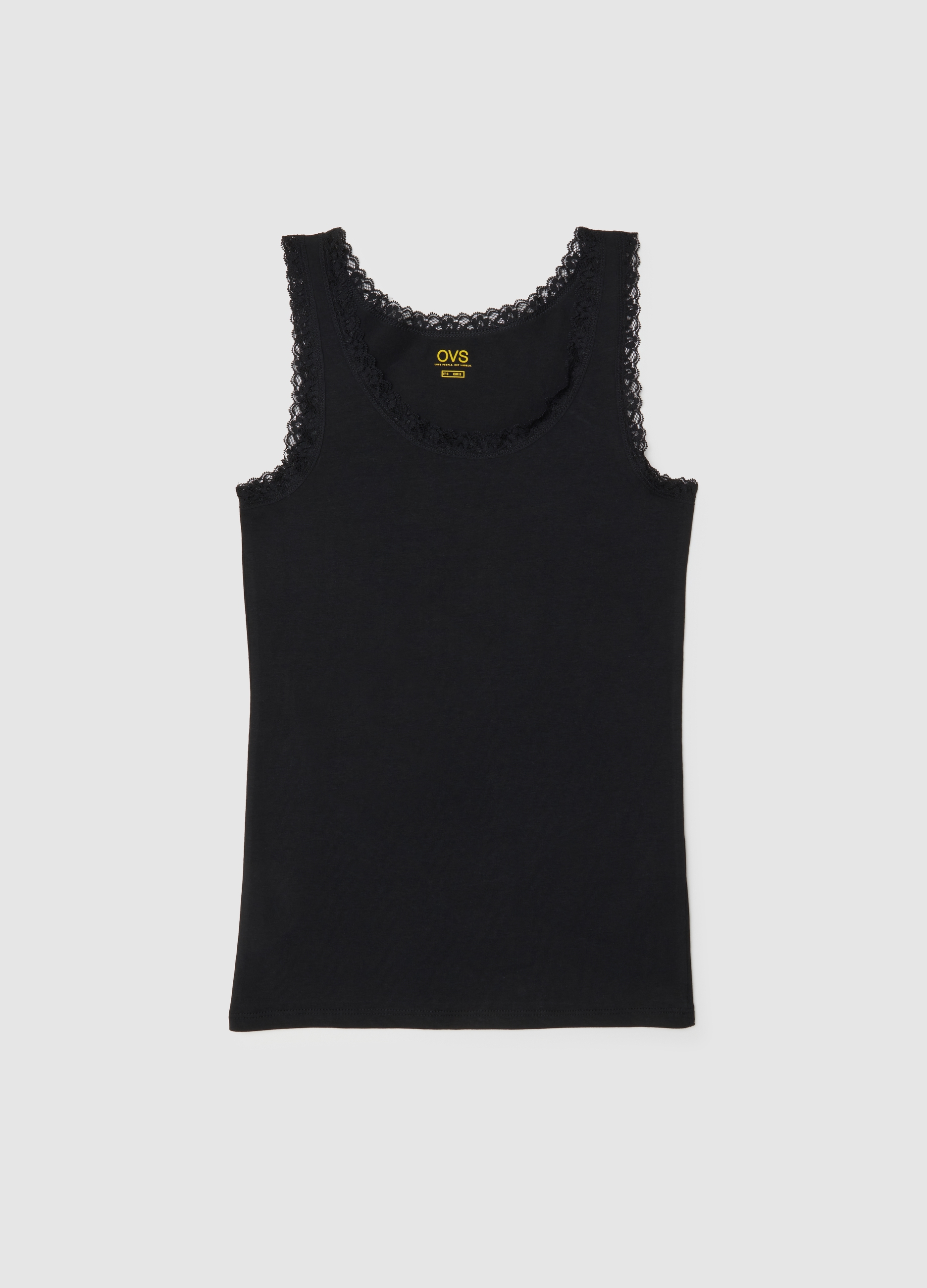 Camiseta Negra De Algodón Elástico Corte Regular Con Borde De Encaje, Mujer, Gunmetal, Talla: XL