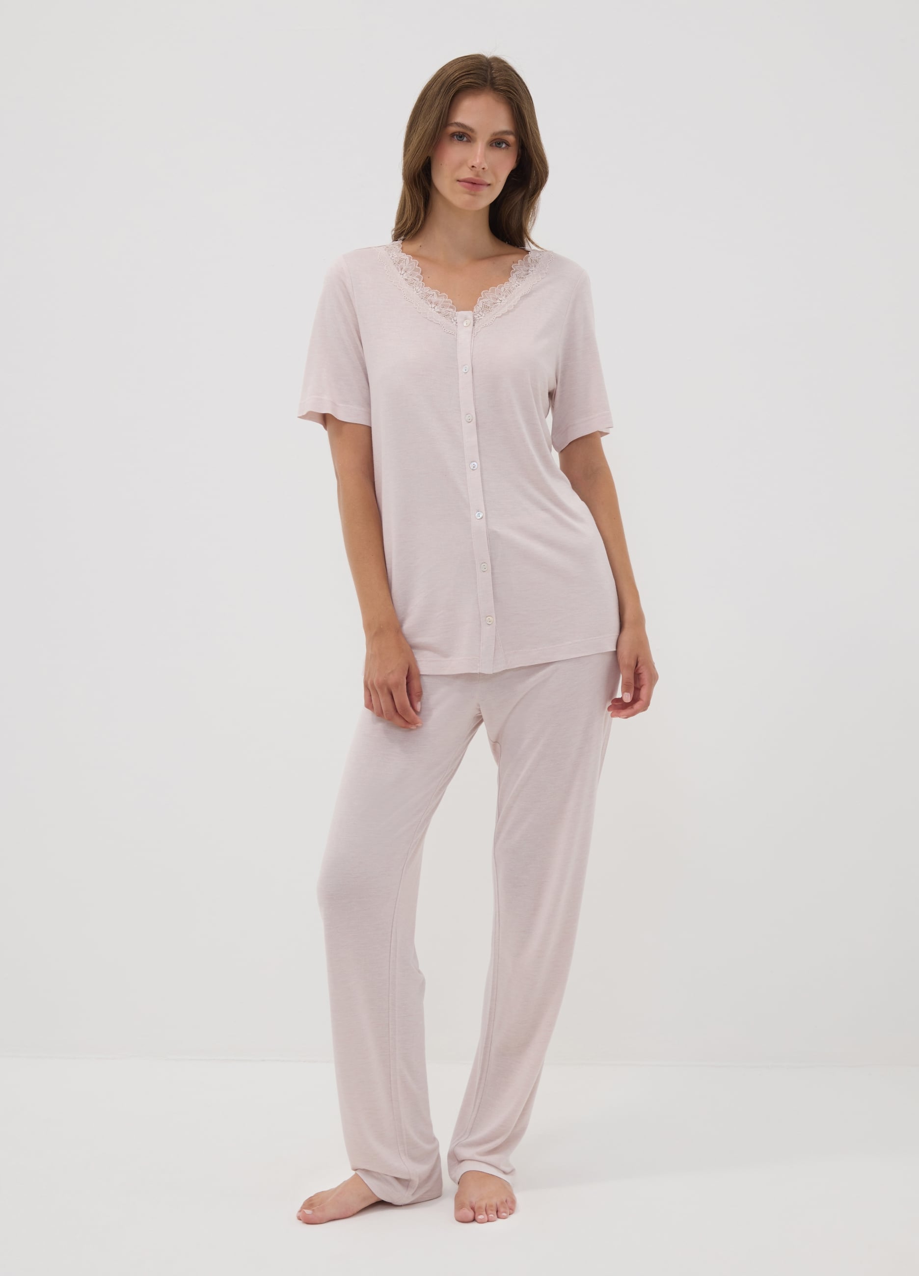 OVS, Pigiama Rosa In Pura Viscosa Con Scollo A V In Pizzo Regular Fit, Donna, Rosa, Taglia: 52