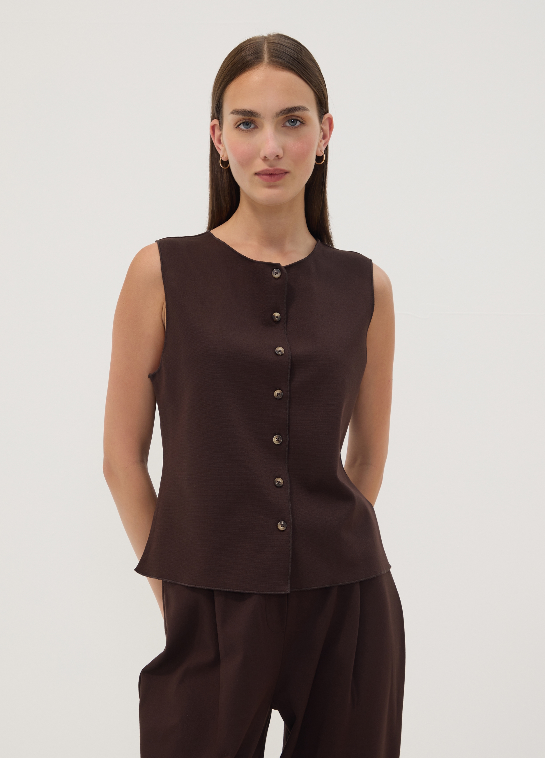 OVS, Gilet Marrone In Punto Milano Di Viscosa Elasticizzata Regular Fit, Donna, Marrone, Taglia: XL