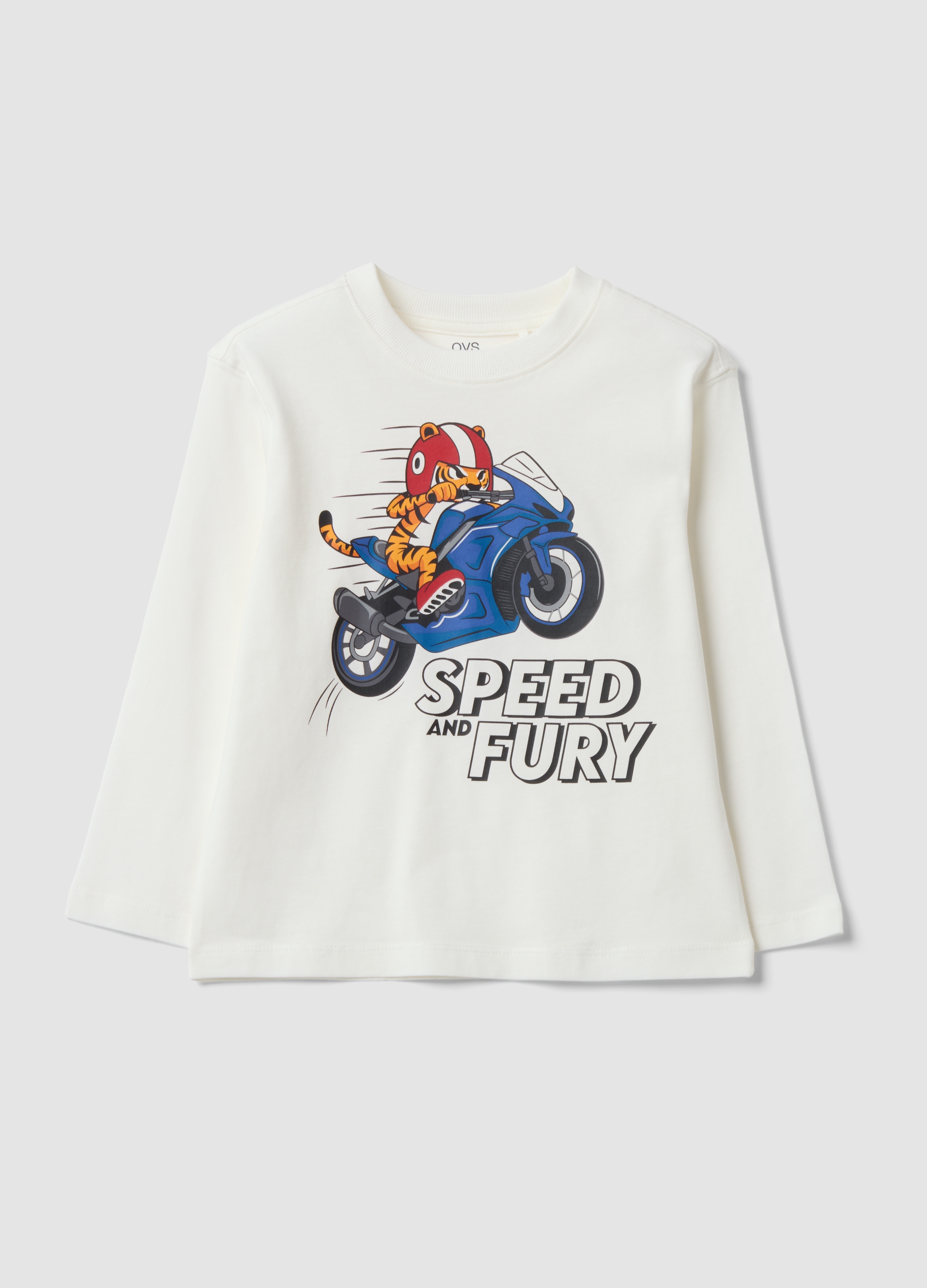 OVS KIDS, T-shirt Bianca In Puro Cotone Con Stampa Tigre Over Fit Per Bambino, Bianco, Taglia: 5-6