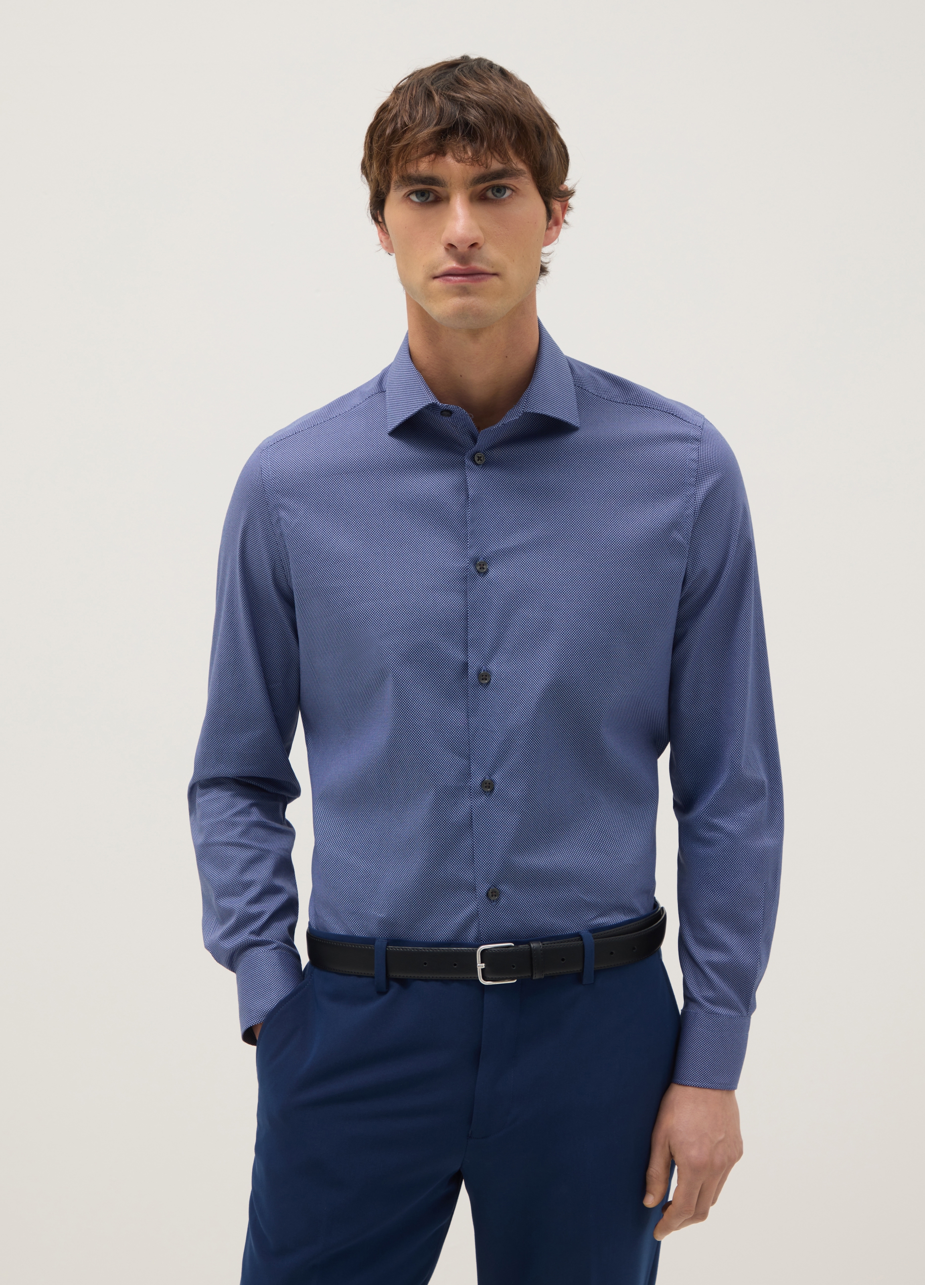 Camisa Azul De Algodón Elástico Con Micro Cuadros, Ajuste Slim, Hombre, Azul suave, Talla: 39