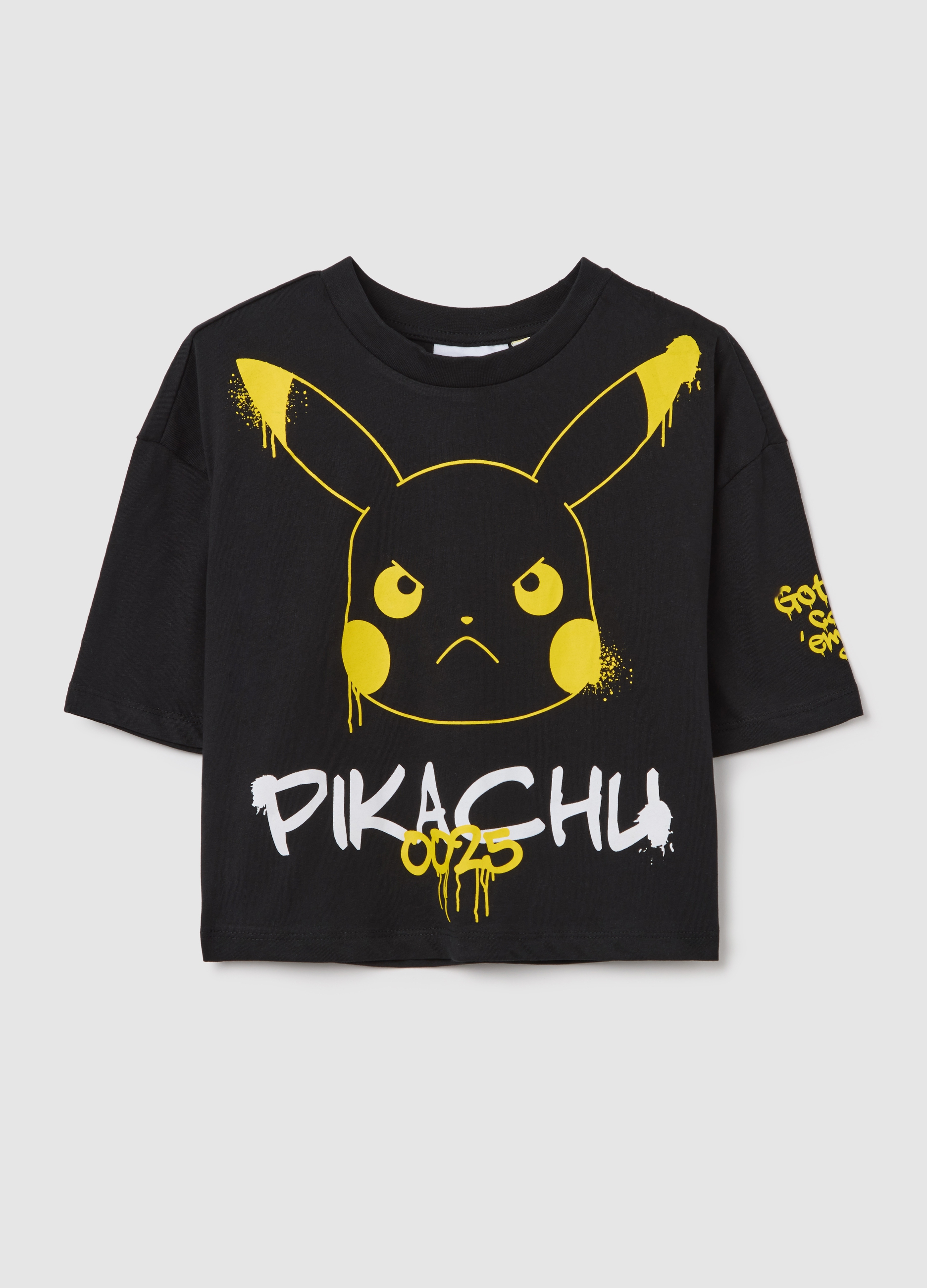 OVS, T-shirt Boxy Fit In Cotone Con Stampa Pikachu, Bambina, Nero, Taglia: 10-11