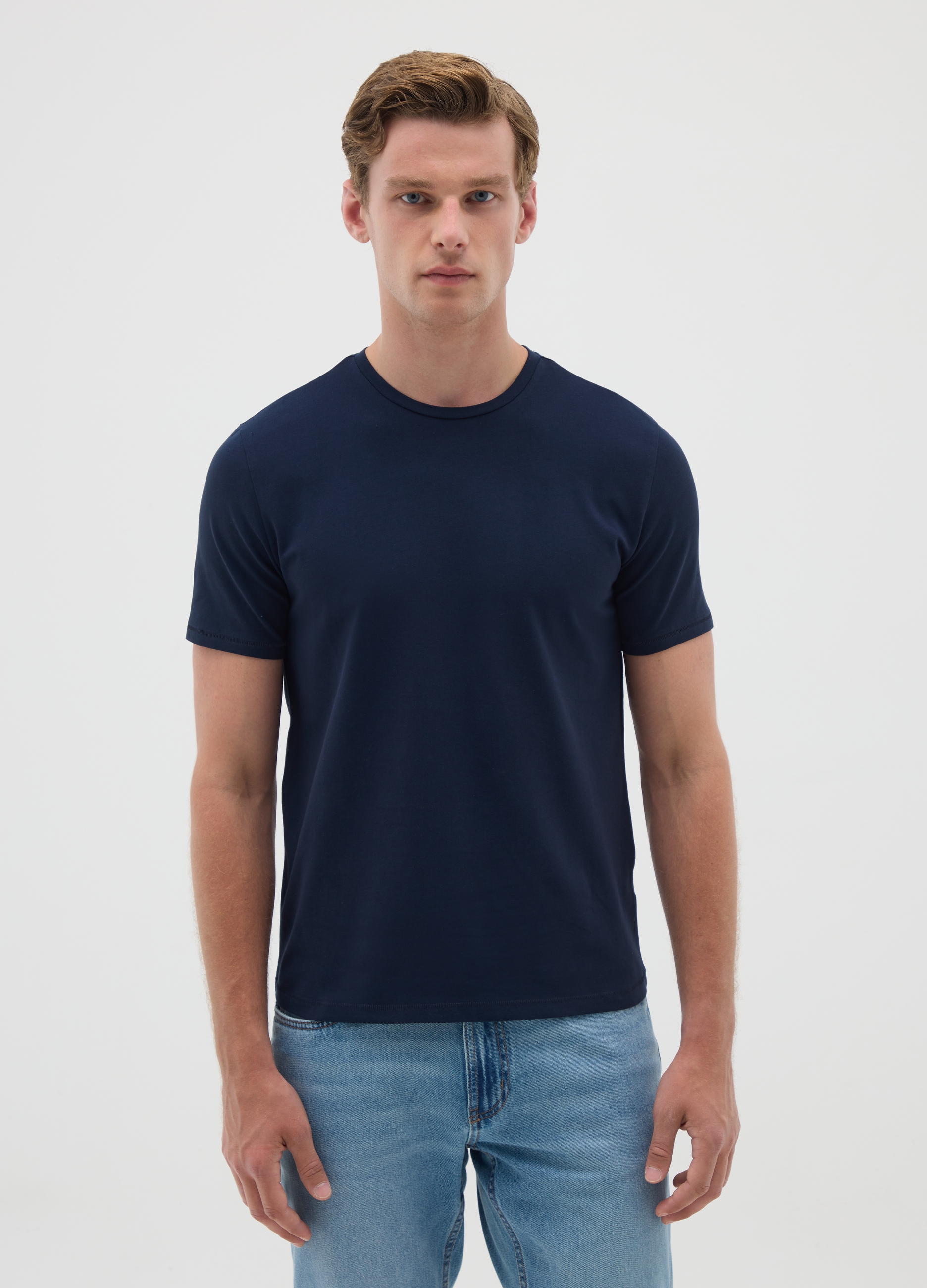 OVS , T-shirt Da Uomo In Cotone Elasticizzato Blu Slim Fit, Blu, Taglia: L