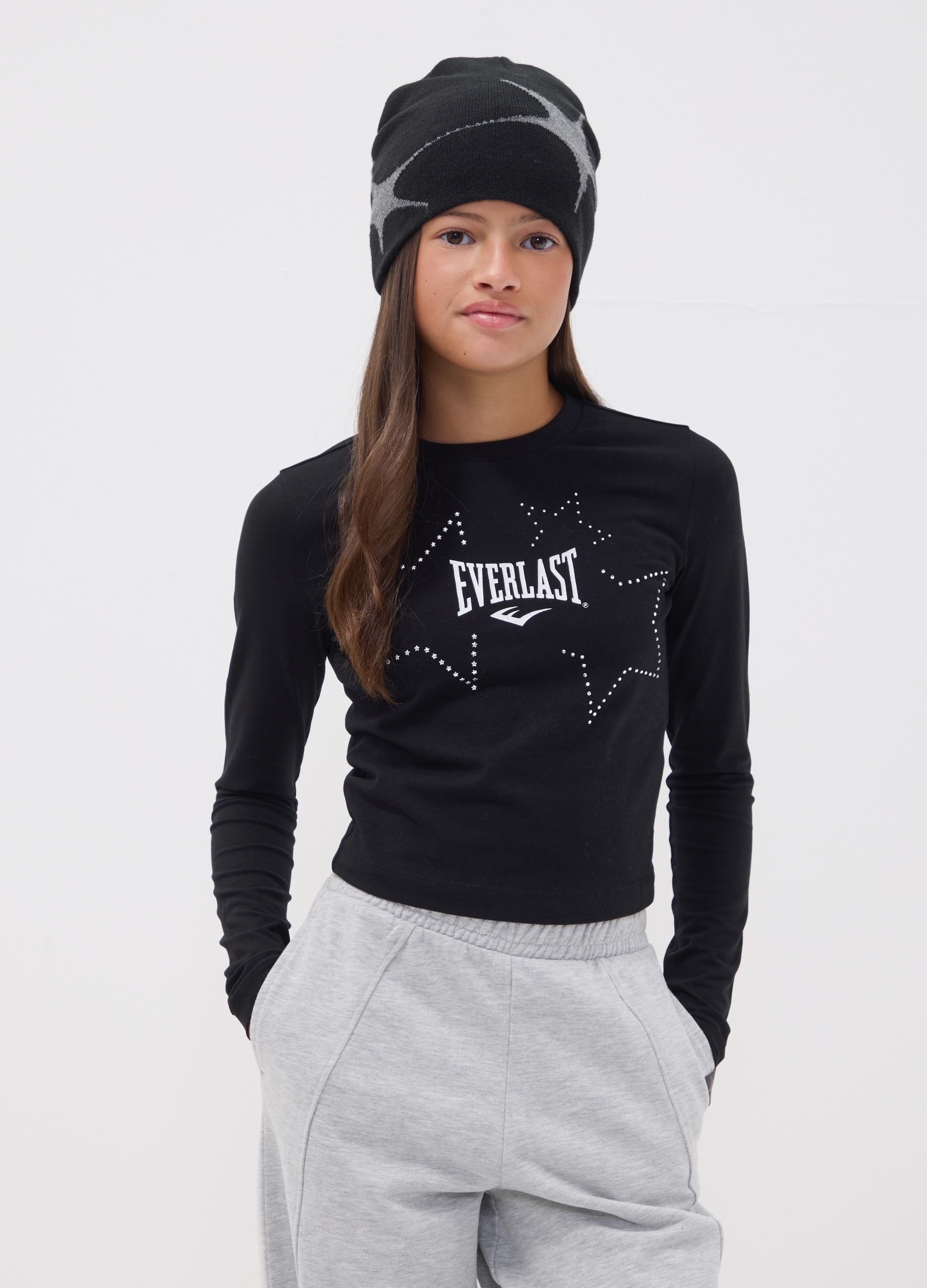 EVERLAST, T-shirt Nera In Puro Cotone Con Stelle Applicate Regular Fit Per Ragazza, Unisex, Nero, Taglia: 10-11