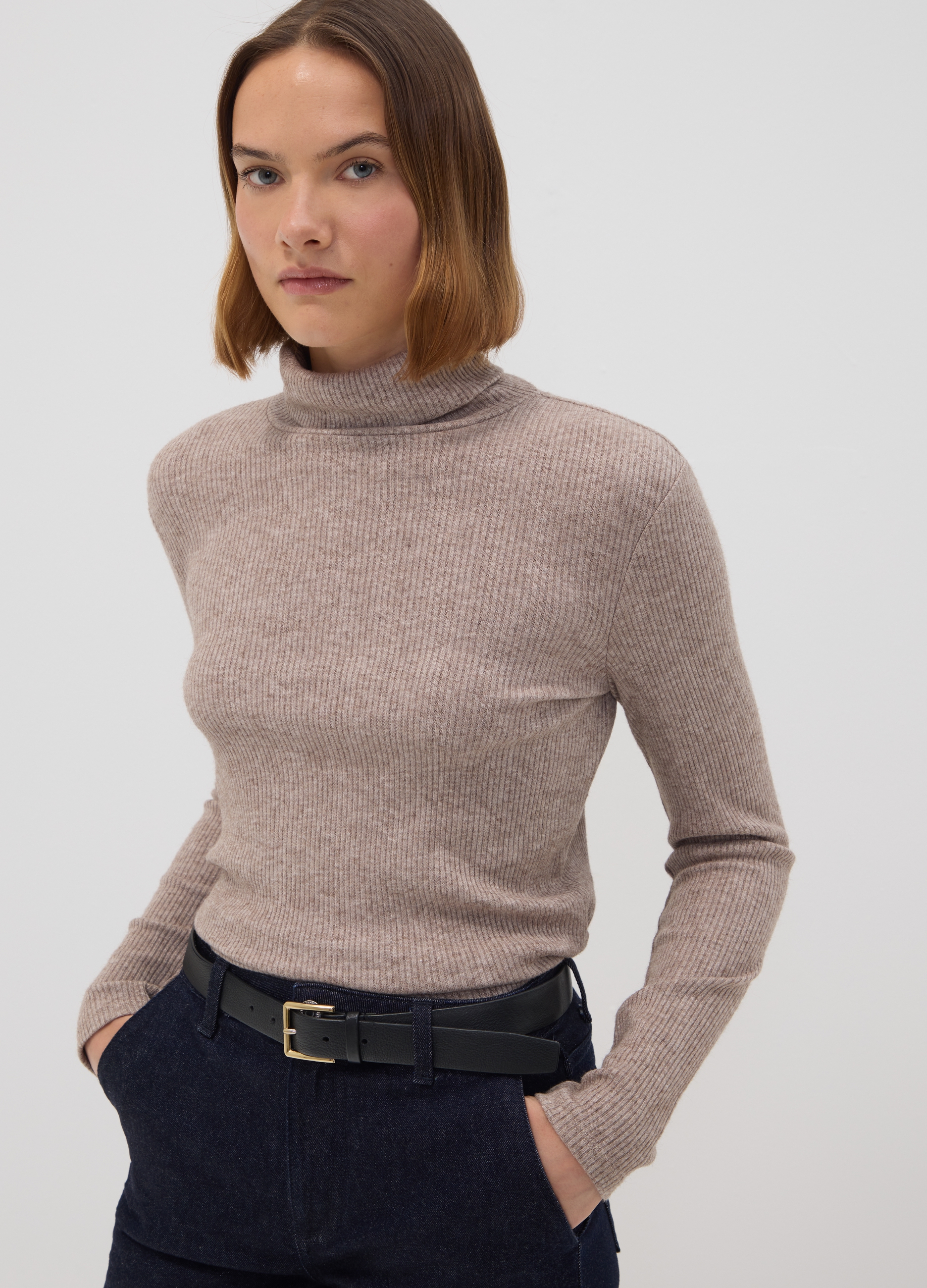 OVS, Maglia Beige In Misto Viscosa A Costine Con Girocollo, Donna, Beige, Taglia: S