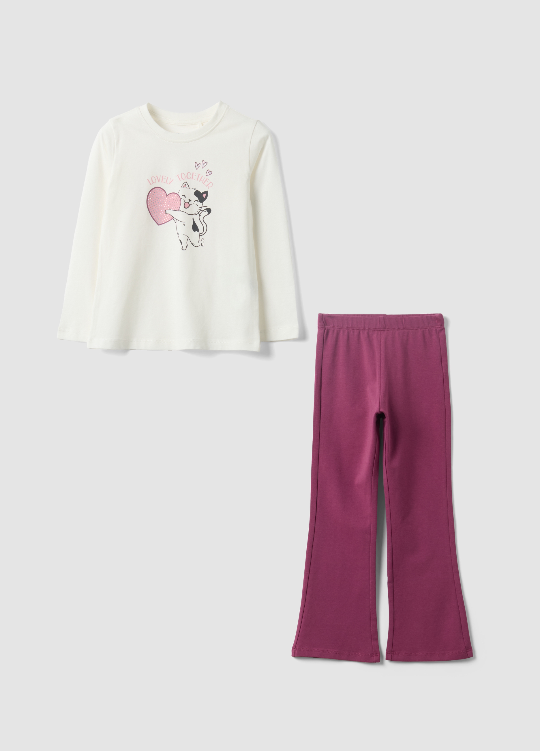 OVS KIDS, Completo Jogging Bianco E Rosa In Puro Cotone Con Stampa Gattino Per Bambina, Multicolor, Taglia: 4-5
