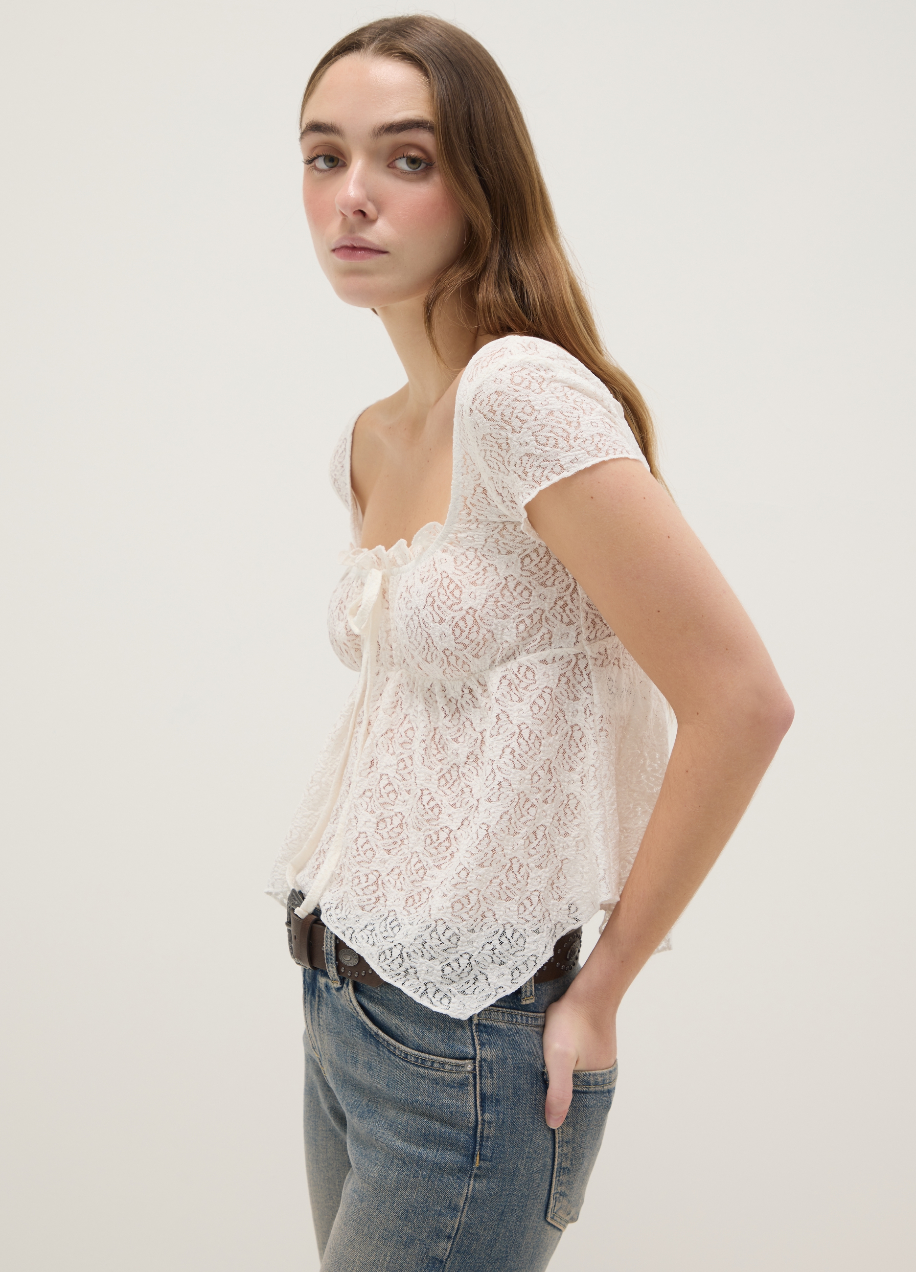 B.ANGEL, Camiseta De Encaje Blanco Ajuste Regular Con Lazo, Mujer, Blanco óptico, Talla: 42