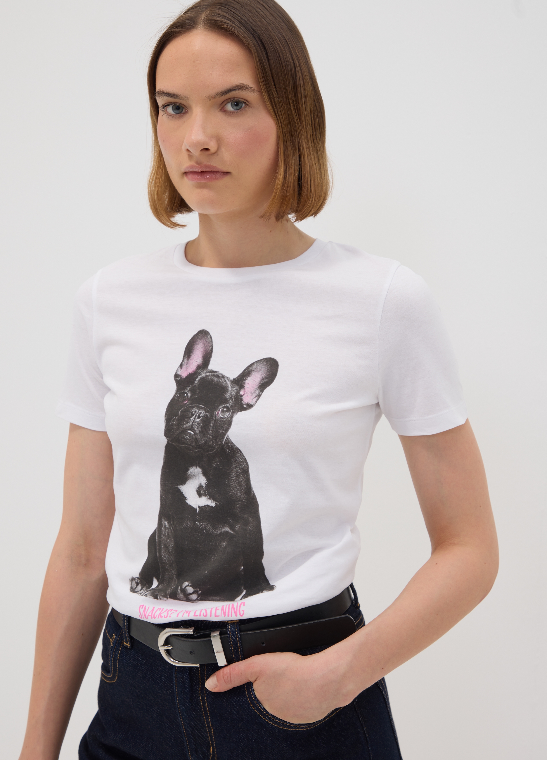 OVS, T-shirt Bianca In Puro Cotone A Girocollo Con Stampa Cagnolino Regular Fit, Donna, Bianco, Taglia: M