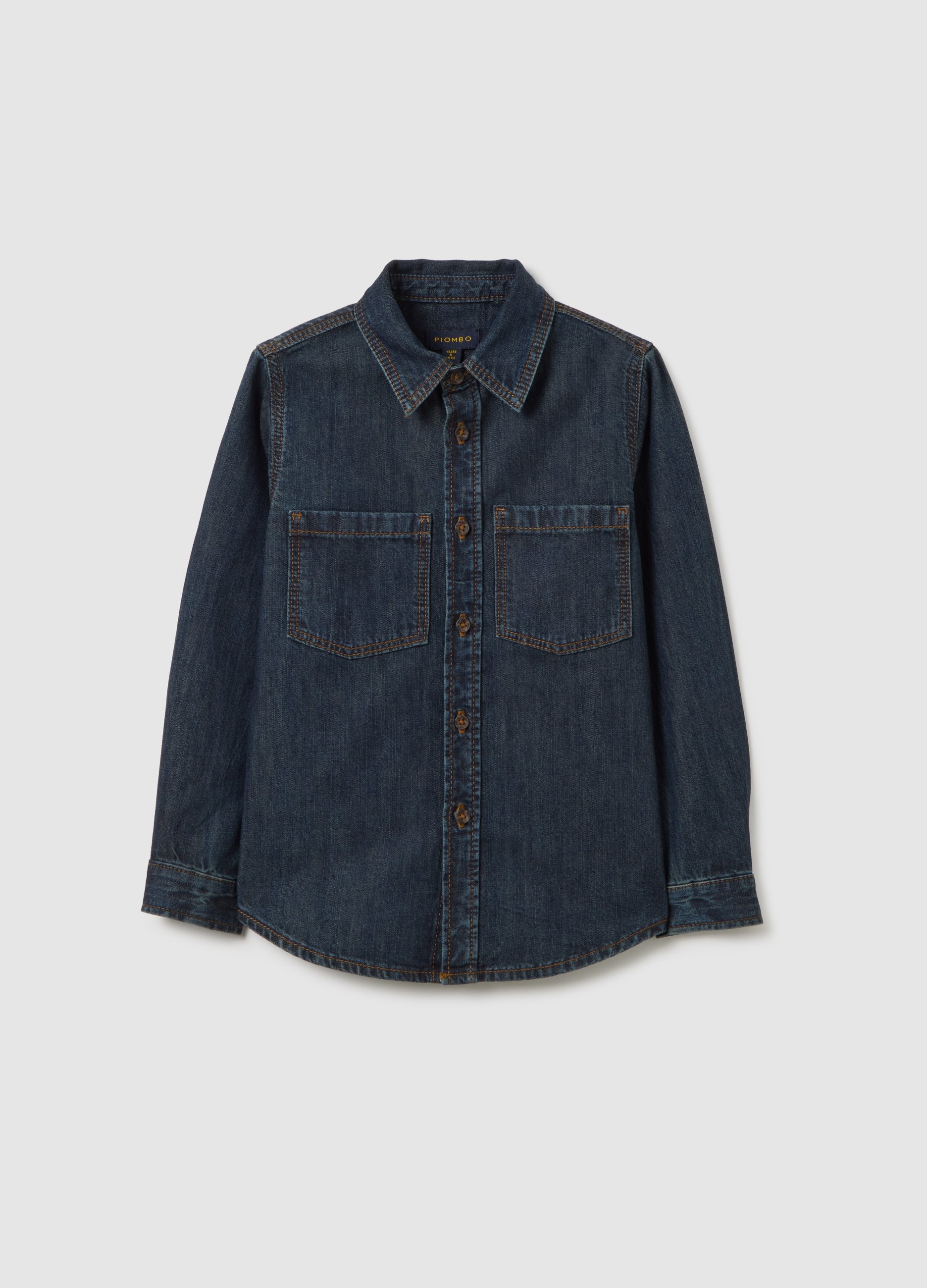 Camisa De Niño En Denim De Algodón Puro Ajuste Regular, Niño, Azul vaquero, Talla: 12