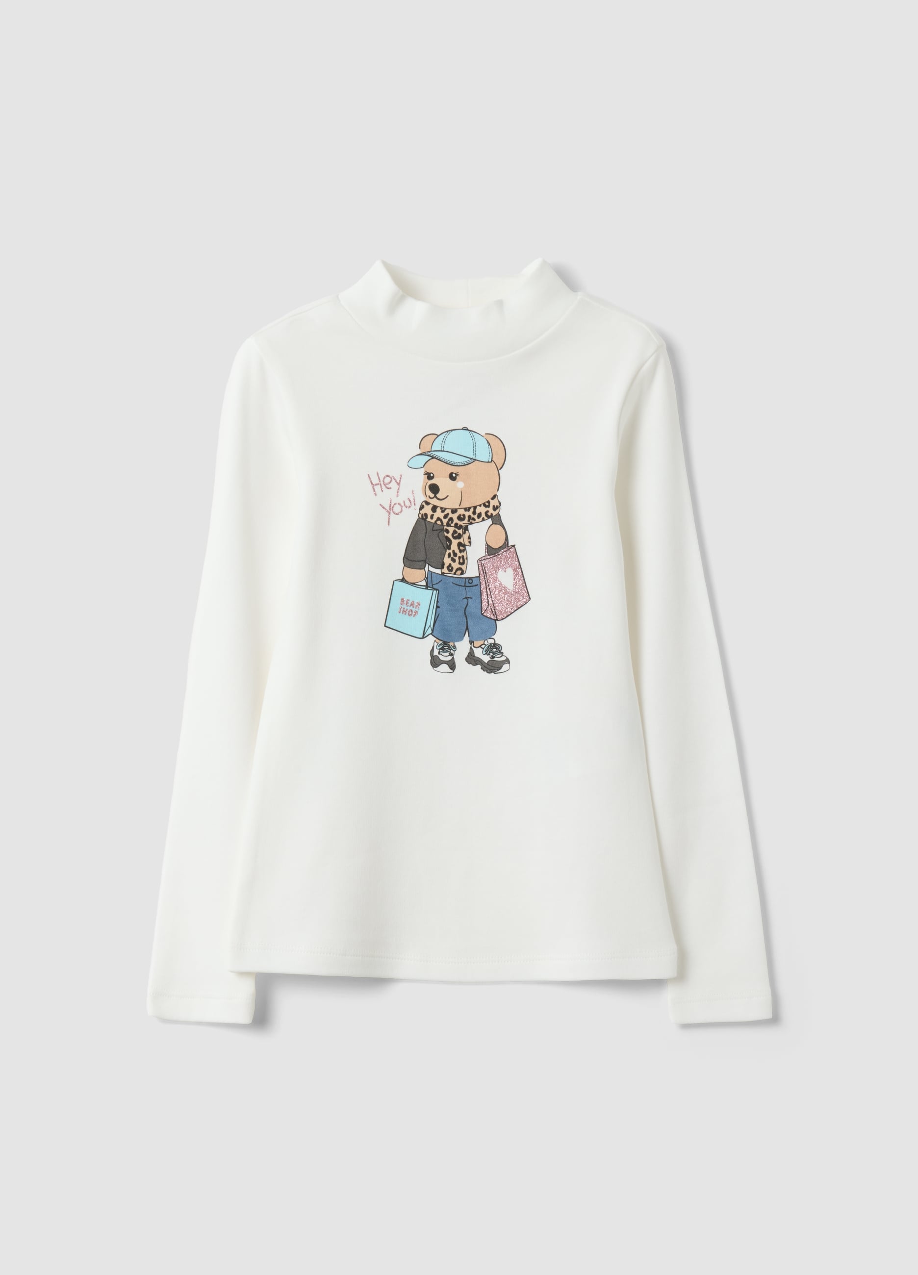 OVS KIDS, T-shirt Bianca In Puro Cotone Organico Con Collo Rialzato E Stampa Orsetto, Bambina, Bianco, Taglia: 3-4