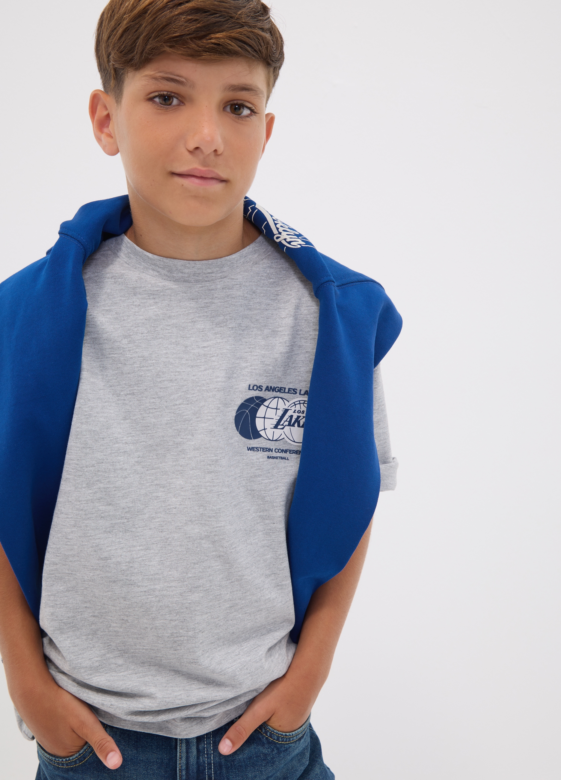NBA, T-shirt Grigia In Puro Cotone Con Stampa Lakers Per Ragazzo, Bambino, Grigio, Taglia: 12-13