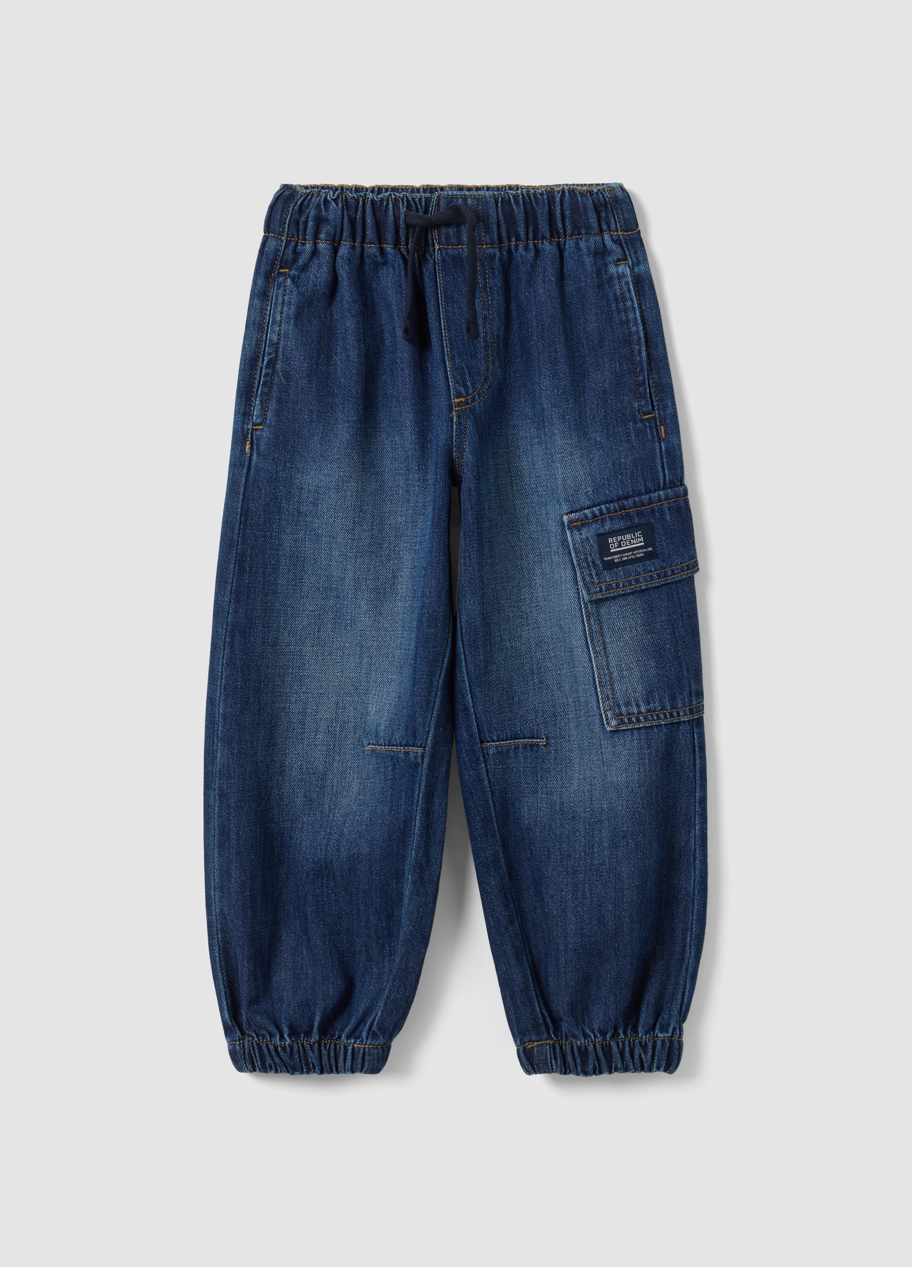REPUBLIC OF DENIM, Jogger Denim Blu In Misto Cotone E Viscosa Con Tasche Cargo Relaxed Fit, Bambino, Blu, Taglia: 5-6