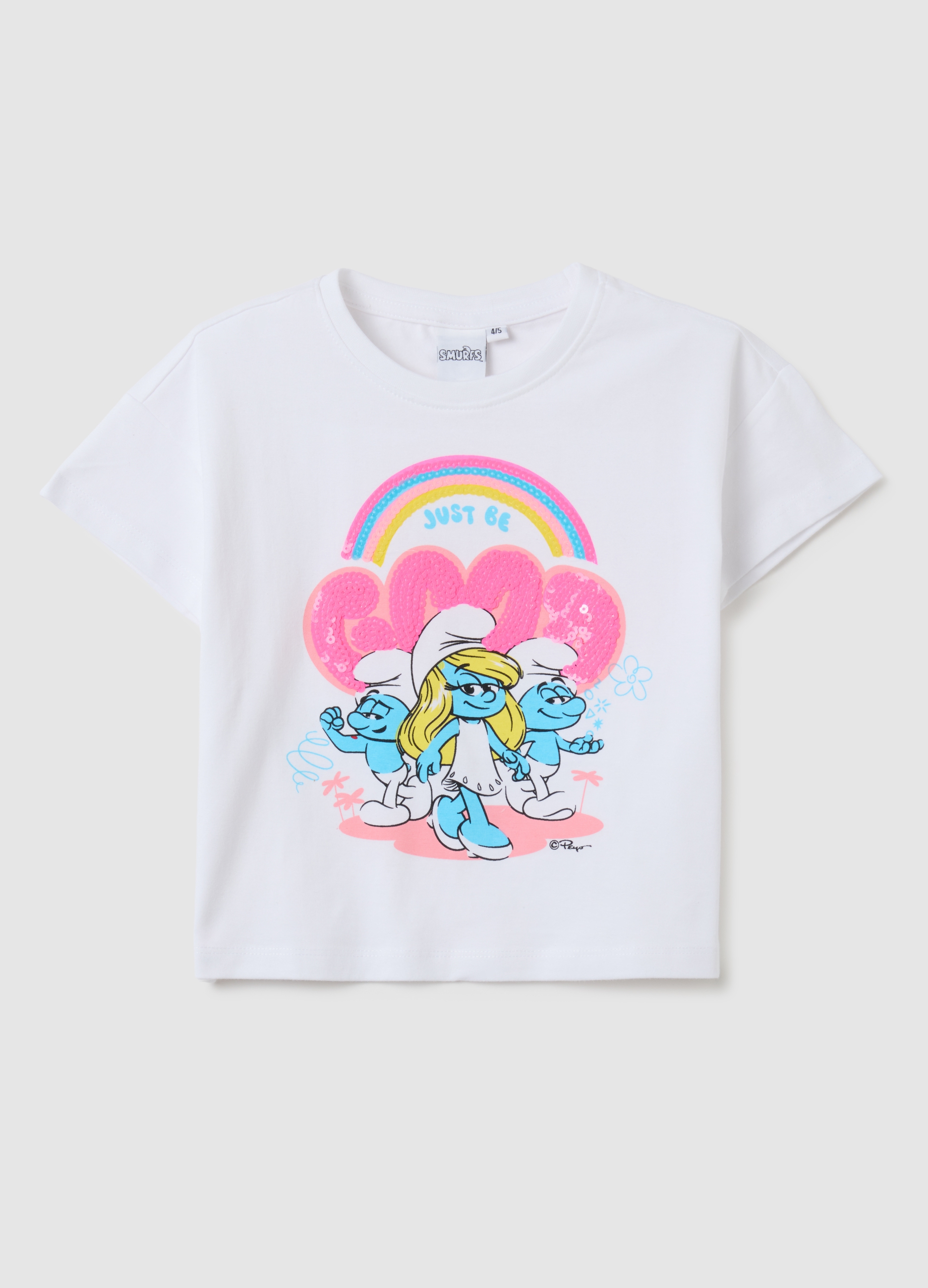 OVS, T-shirt Da Bambina In Cotone Elasticizzato Bianca Con Stampa Puffi, Bianco, Taglia: 4-5