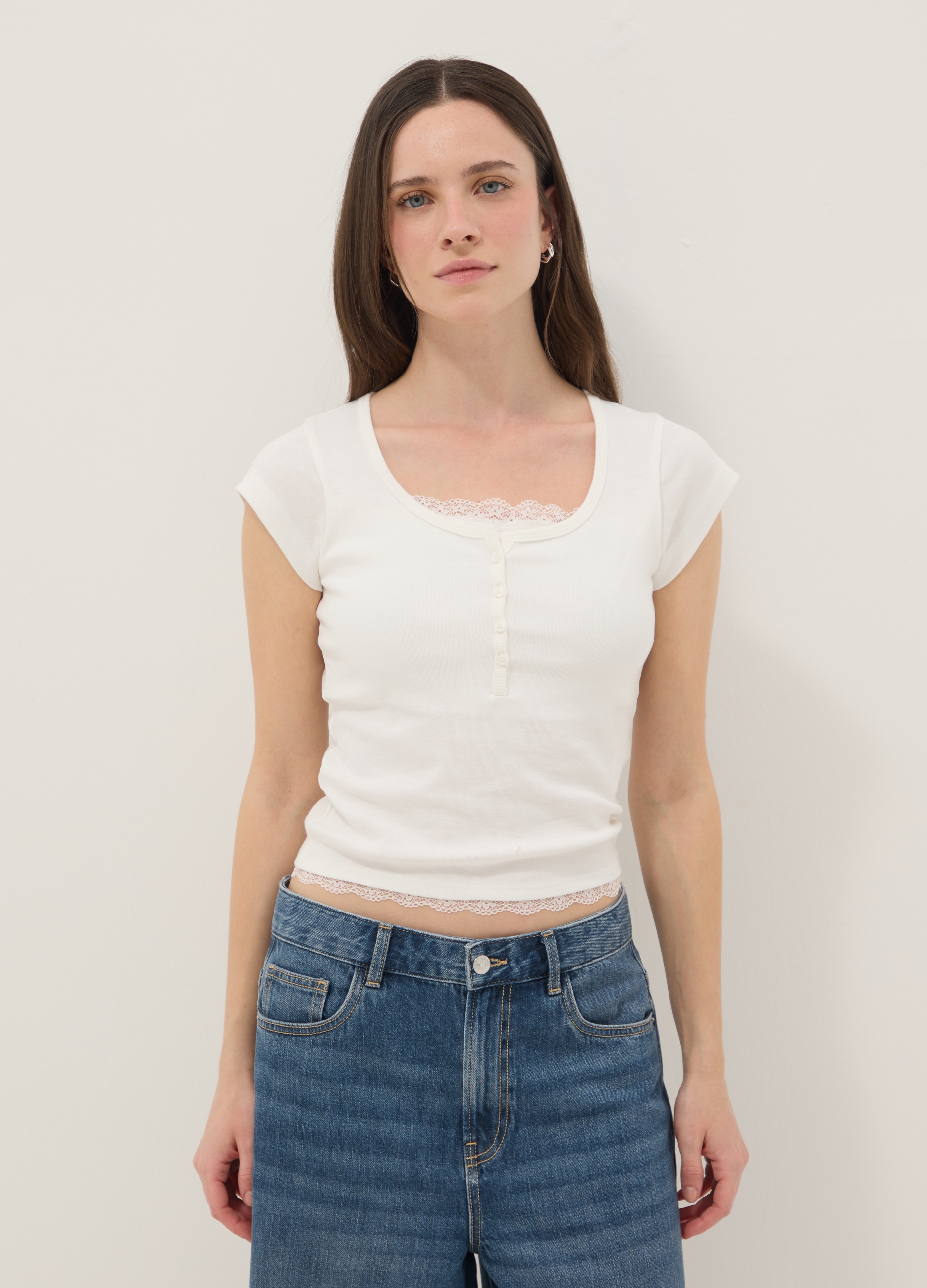 B.ANGEL, Camiseta Blanca De Ajuste Regular En Mezcla De Algodón Con Detalles De Encaje, Mujer, Blanco suave, Talla: 34