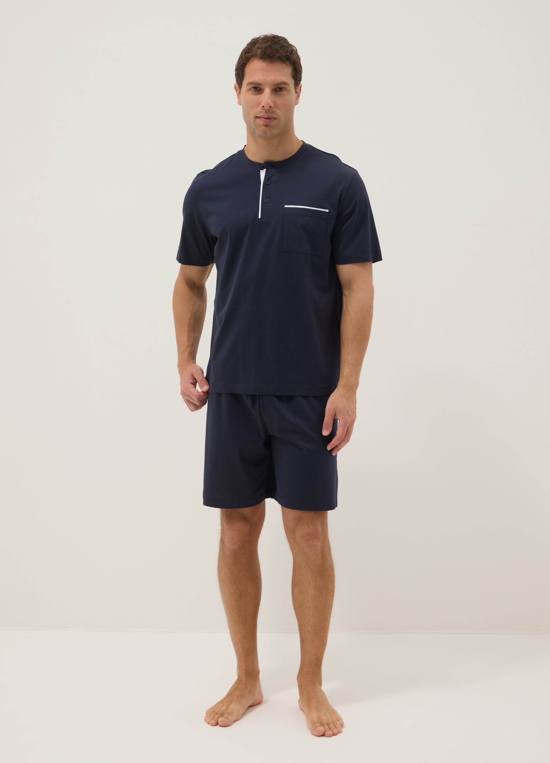 Ovs Uomo Blu Pigiama Corto In Puro Cotone Regular Fit Con Collo Serafino, Taglia: L