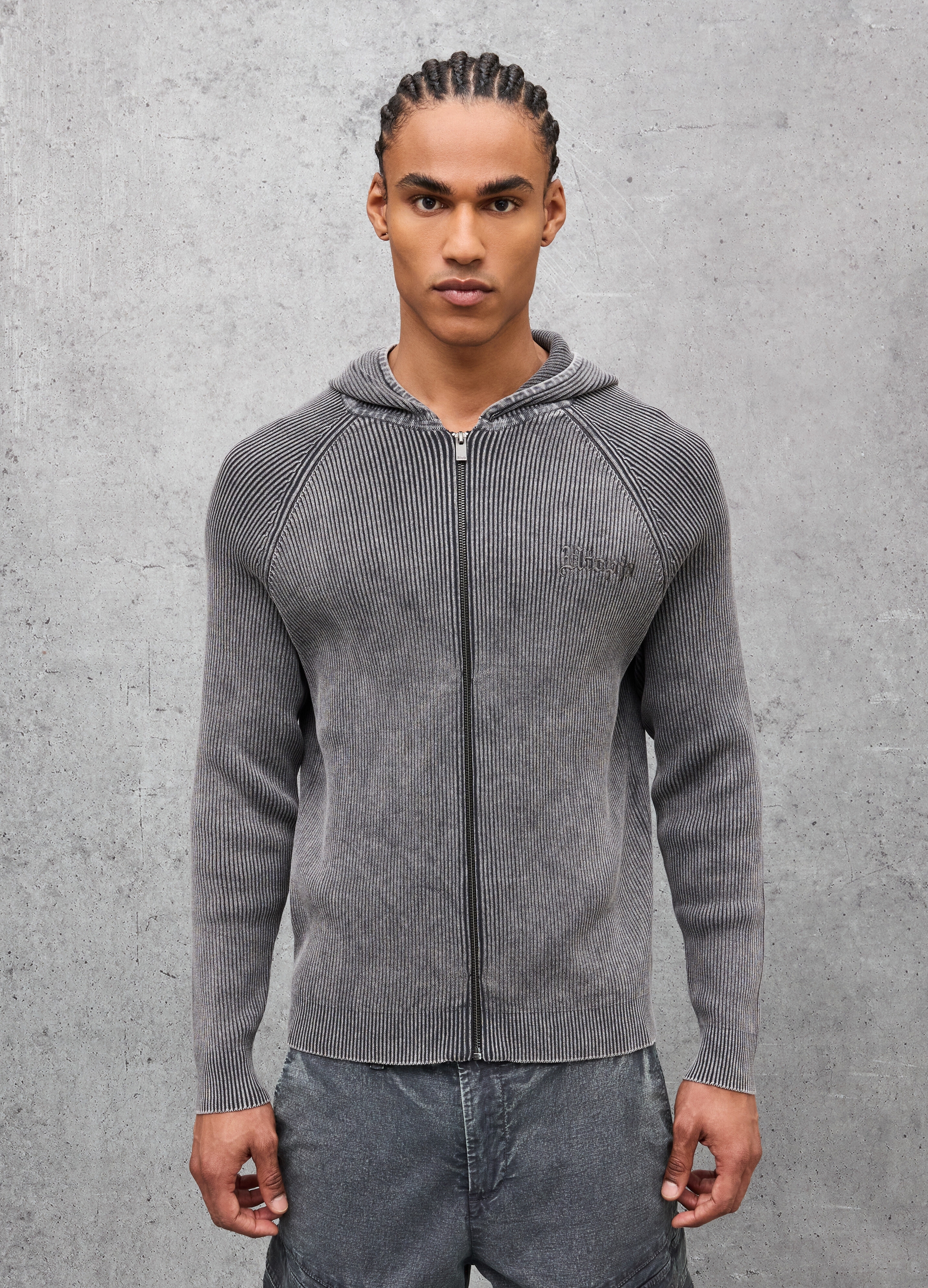 UTOPJA, Sudadera Con Capucha De Punto Canalé Gris Lavado, Hombre, Gris pizarra, Talla: M