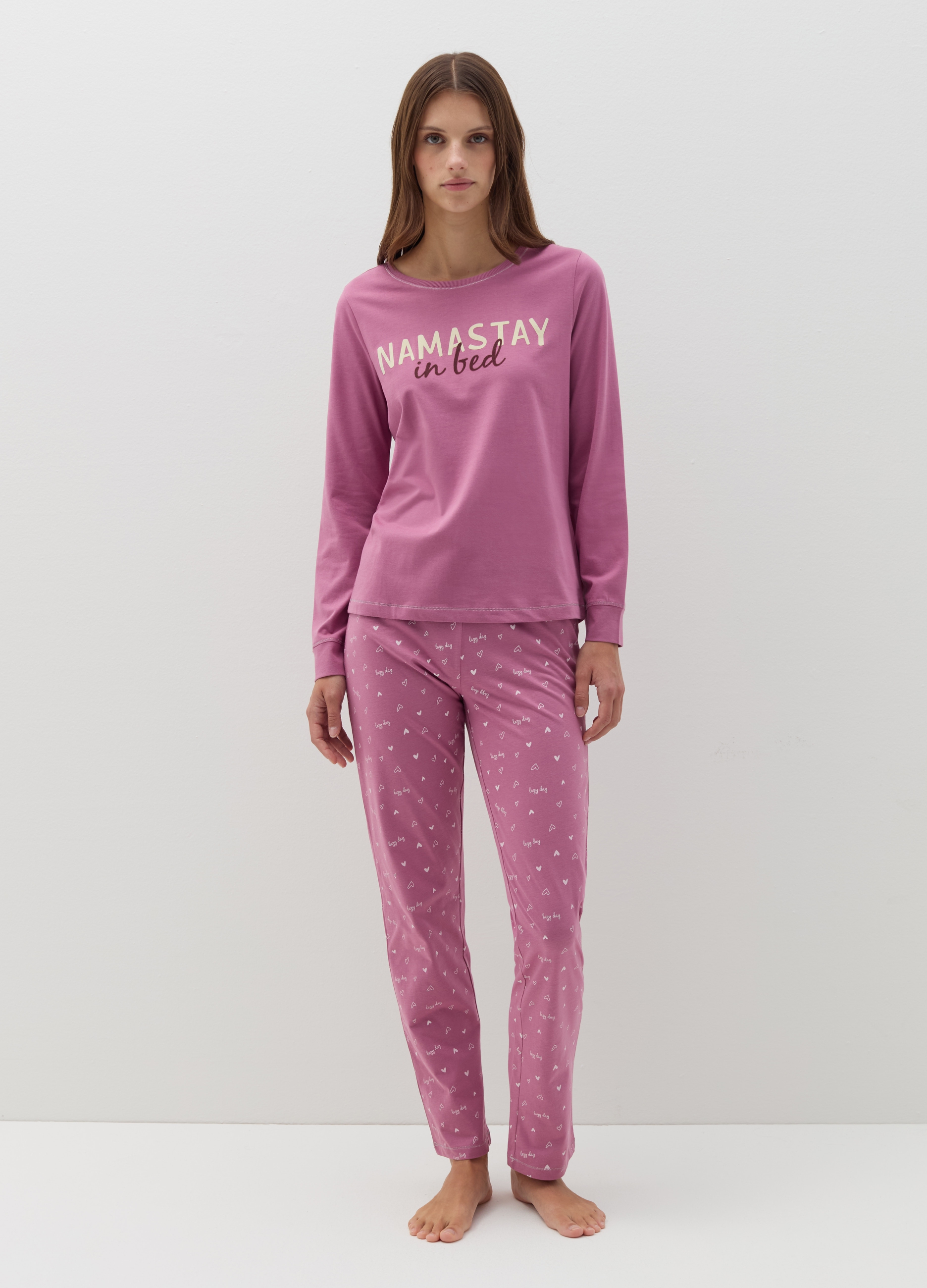 OVS, Pigiama Lungo In Cotone Bio Con Stampa, Donna, Rosa, Taglia: M