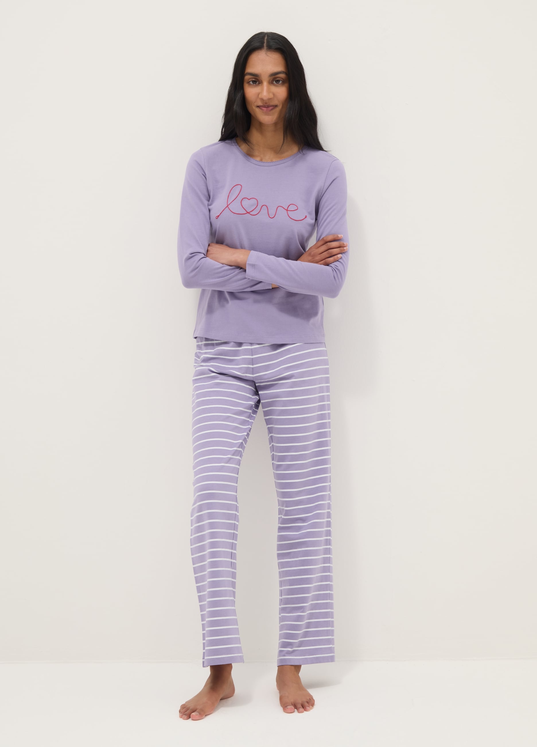 Ovs Donna Viola Pigiama In Puro Cotone A Righe Regular Fit Con Ricamo, Taglia: L
