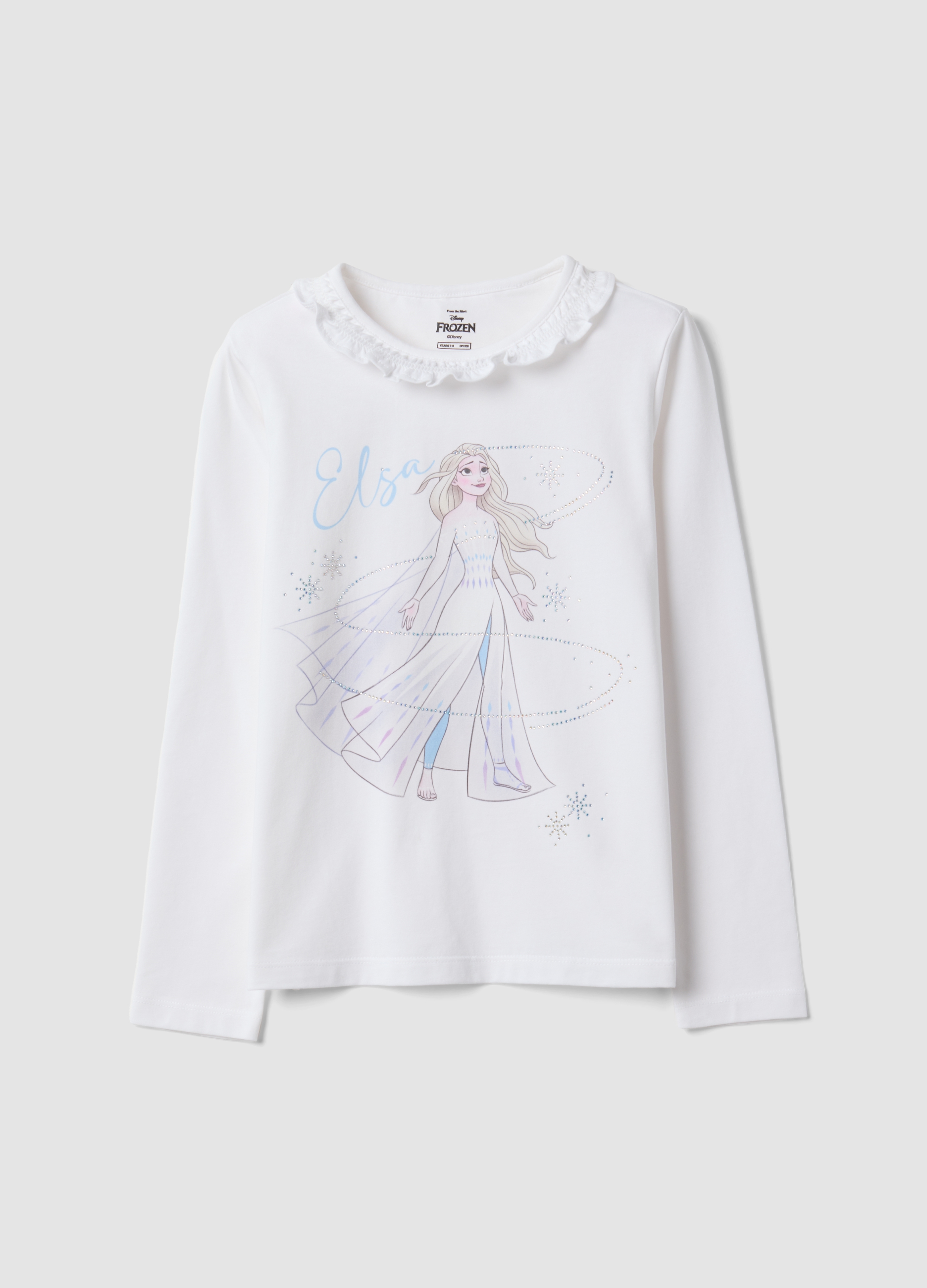 DISNEY, T-shirt Bianca In Cotone Elasticizzato Con Collo Volant E Stampa Frozen Per Bambina, Bianco, Taglia: 6-7