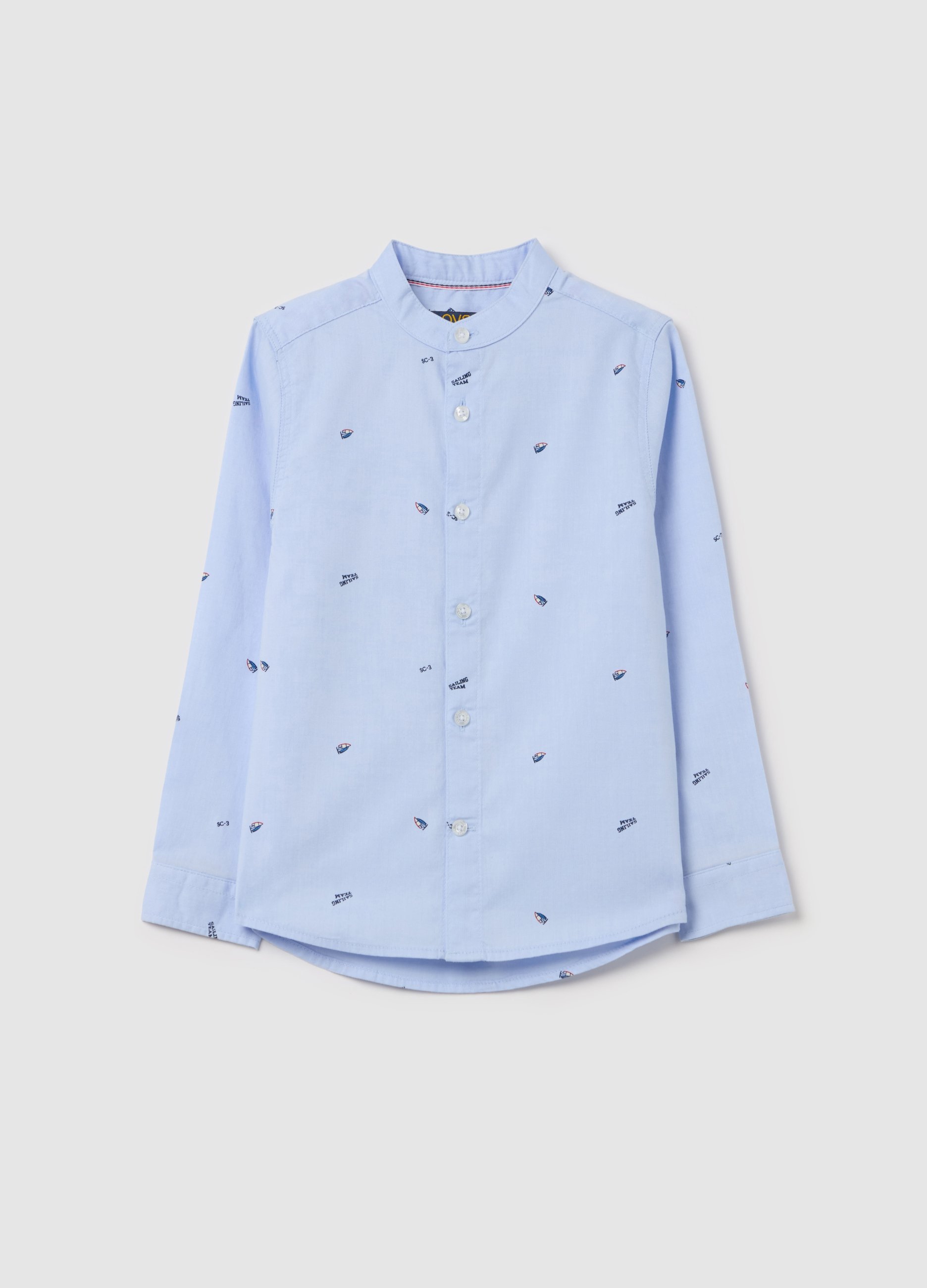 OVS, Camicia Alla Coreana Con Stampa Barche A Vela, Bambino, Azzurro, Taglia: 3-4