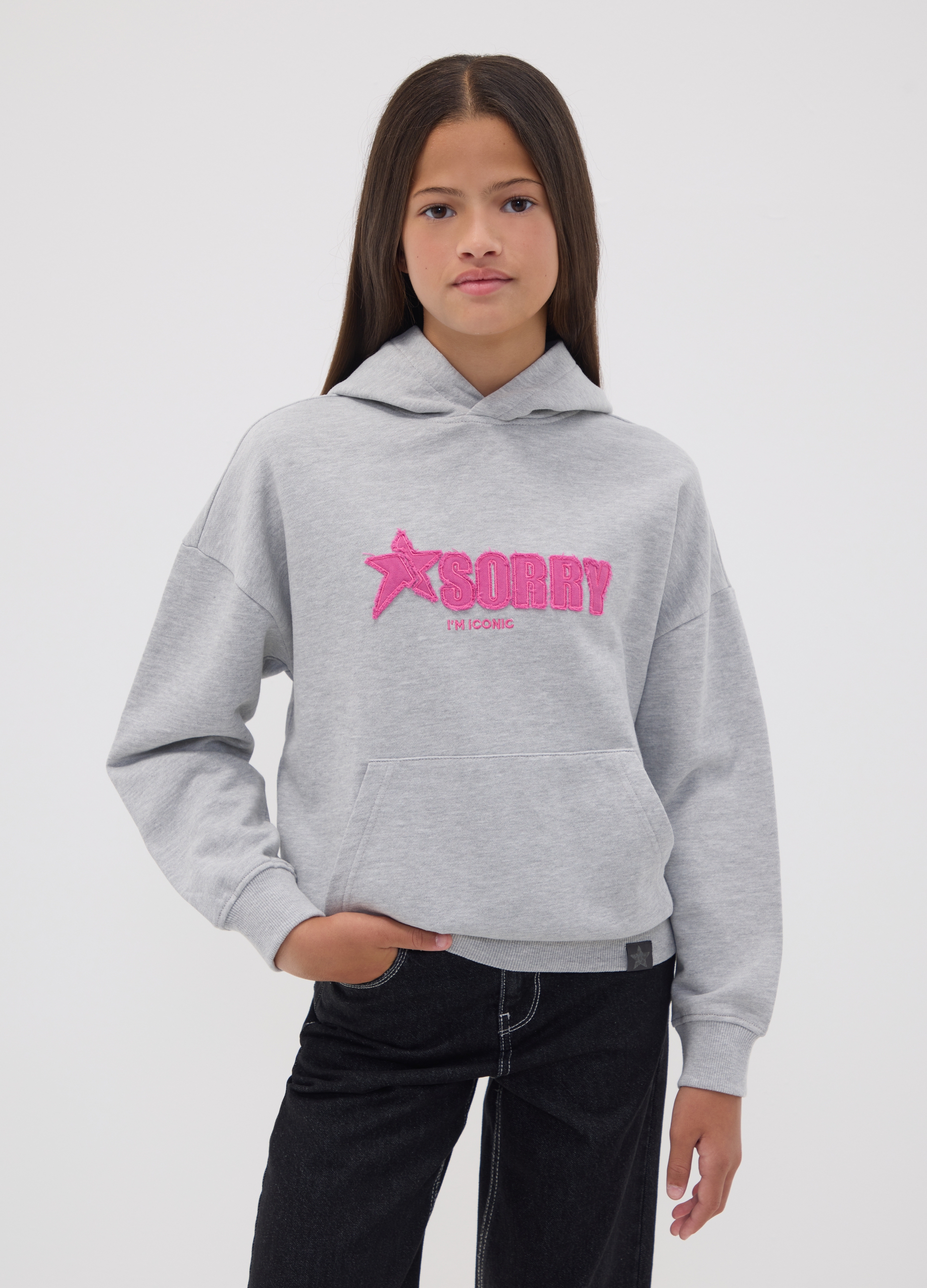 OVS KIDS, Felpa Over Grigia Con Cappuccio In Misto Cotone E Ricamo "sorry" Per Ragazza, Bambina, Grigio, Taglia: 13-14
