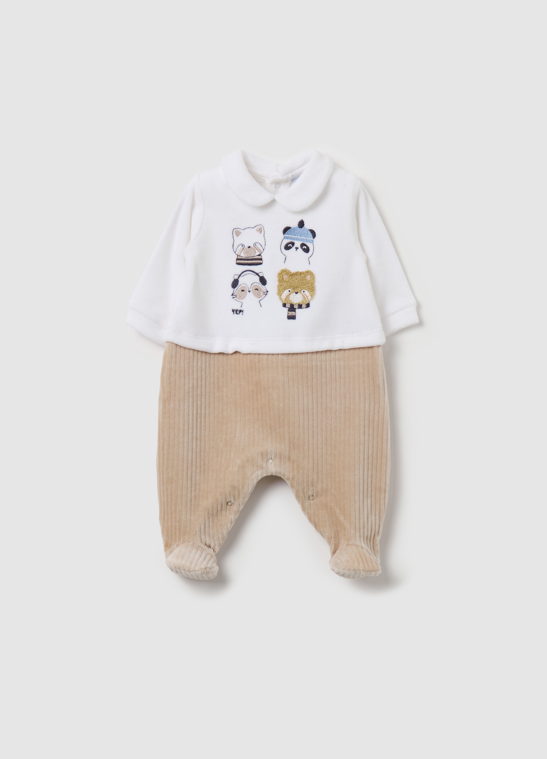 Pelele De Terciopelo Con Pies Y Bordado, Bebé Niño, Blanco/marrón, Talla: 3-6