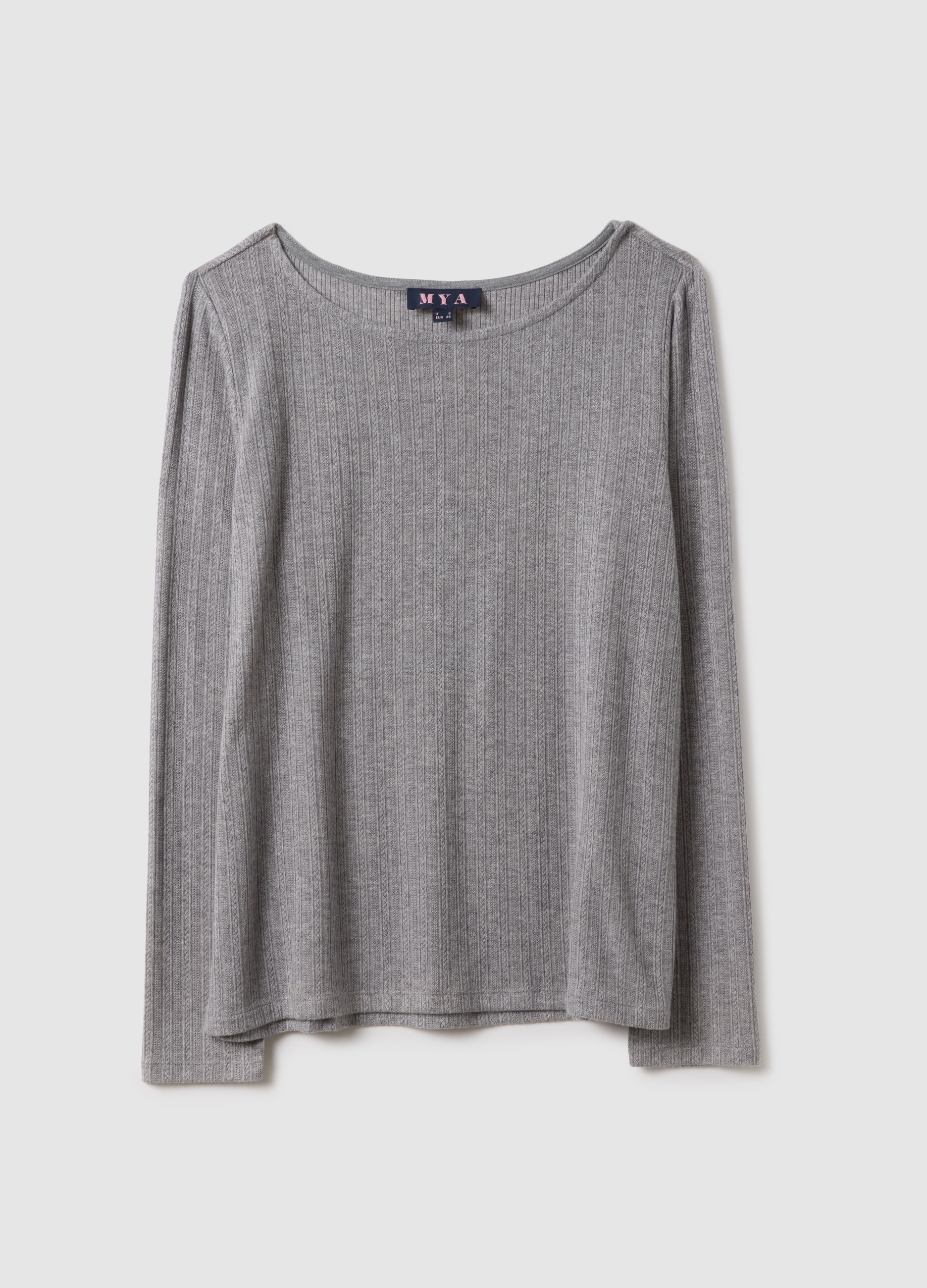 Camiseta Gris De Manga Larga Ajuste Regular Con Cuello Barco, Mujer, Gris jaspeado, Talla: L
