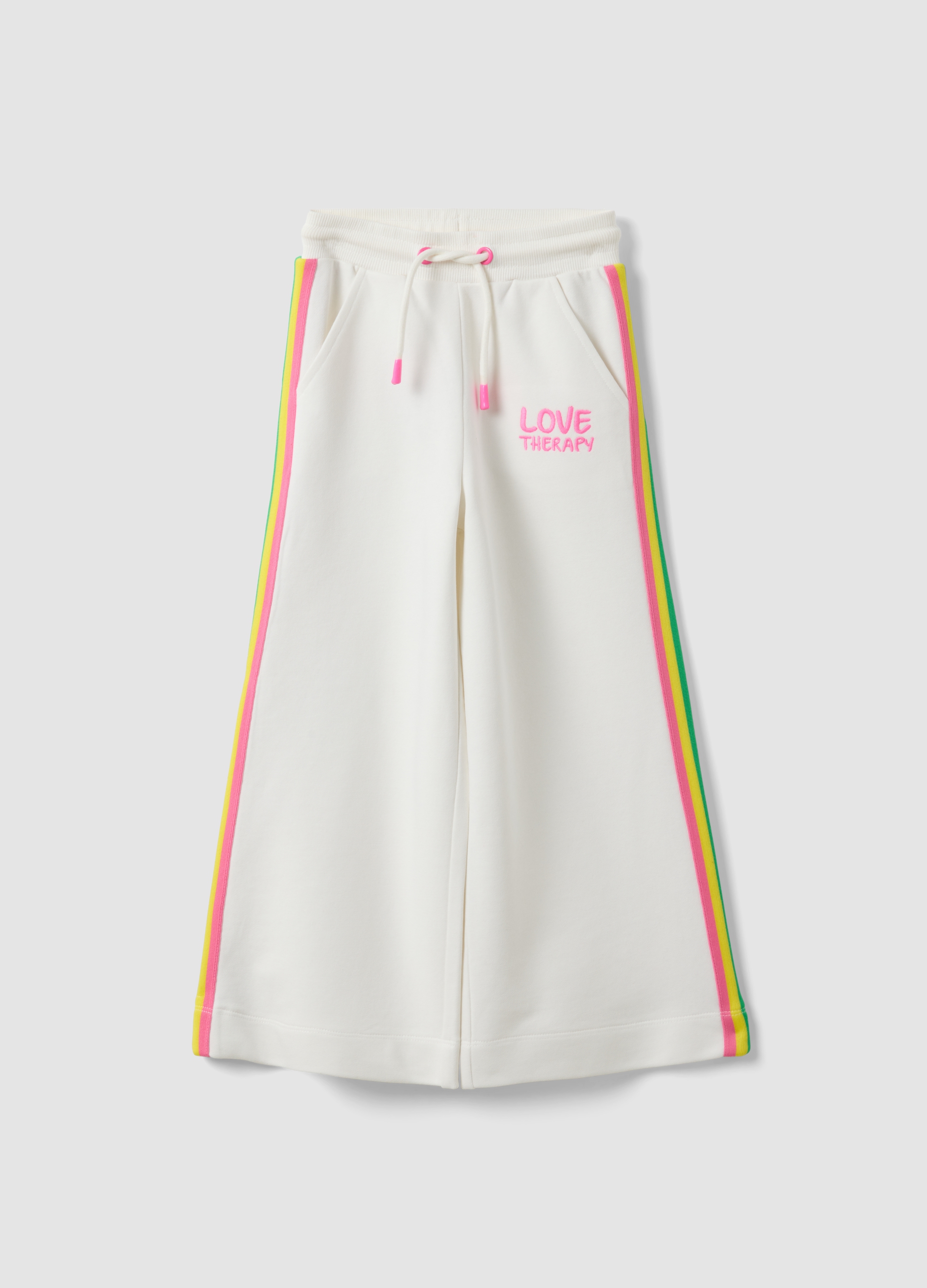 LOVE THERAPY, Pantaloni Bianchi Wide Leg In Misto Cotone Con Profili Arcobaleno, Bambina, Bianco, Taglia: 7-8