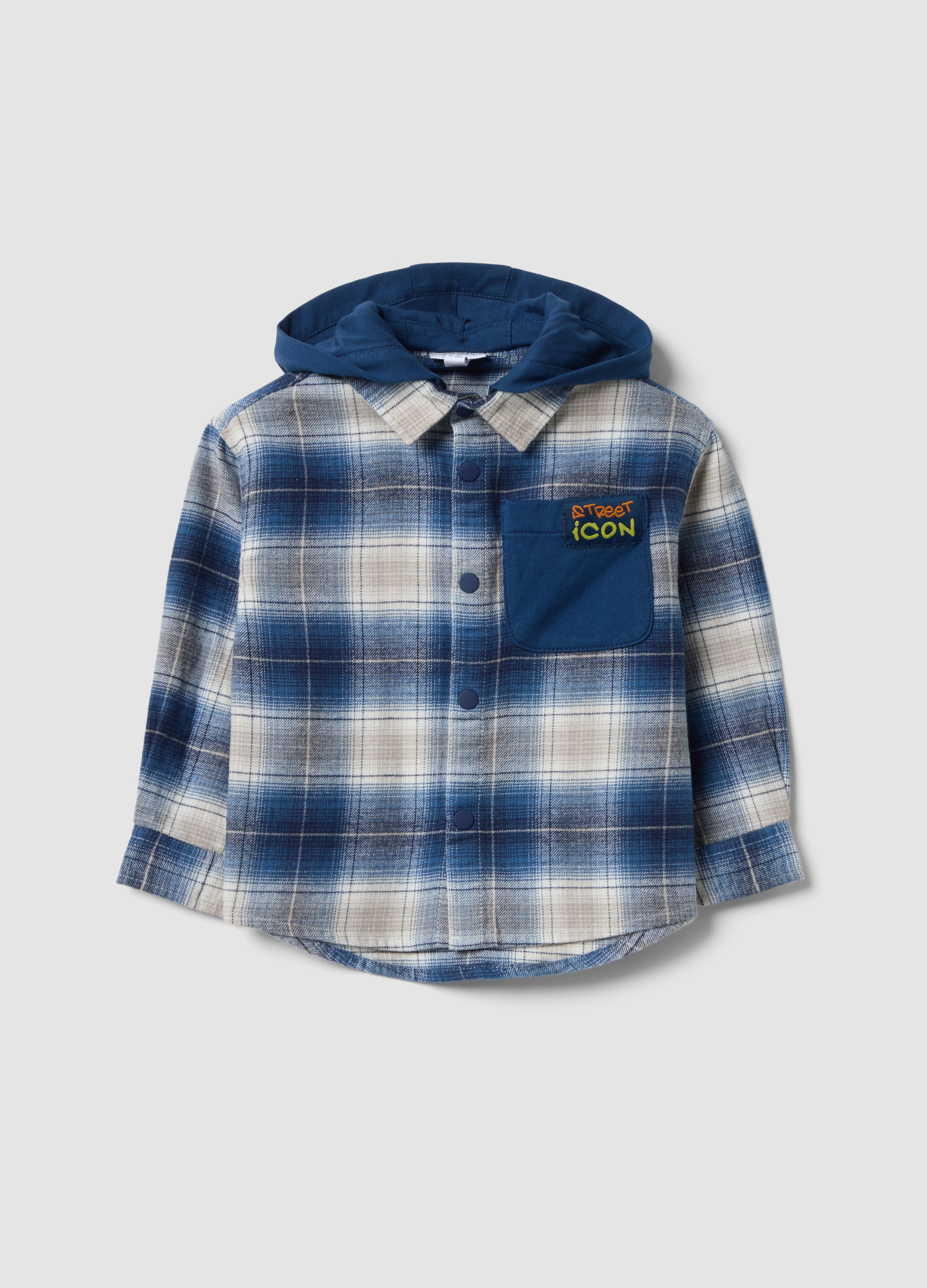 FAGOTTINO, Camicia Over Blu A Quadri Con Cappuccio In Puro Cotone Per Bimbo, Bambino, Blu, Taglia: 12-18