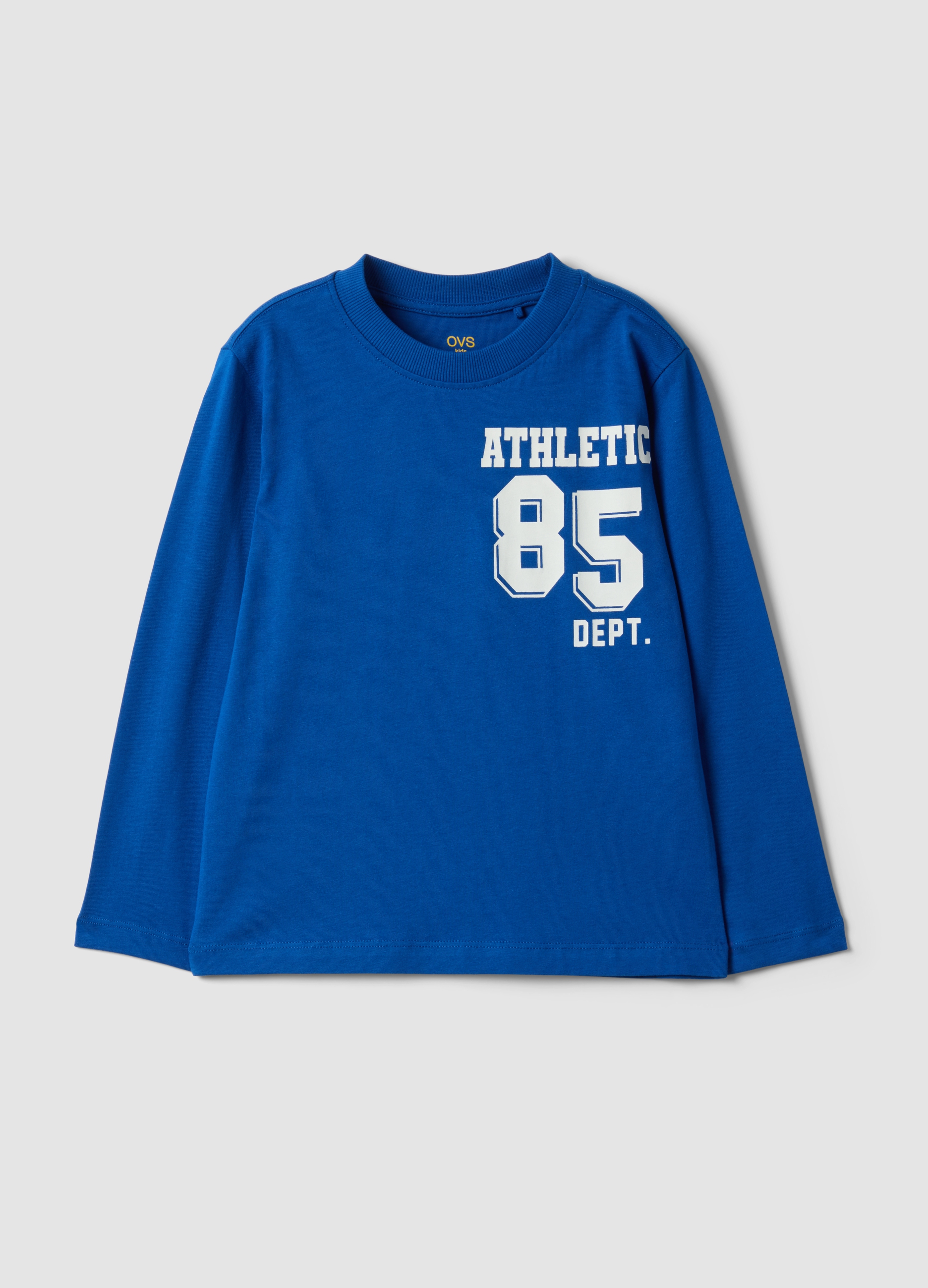 OVS KIDS, T-shirt Blu In Puro Cotone Organico Con Stampa College Per Bambino, Blu, Taglia: 6-7