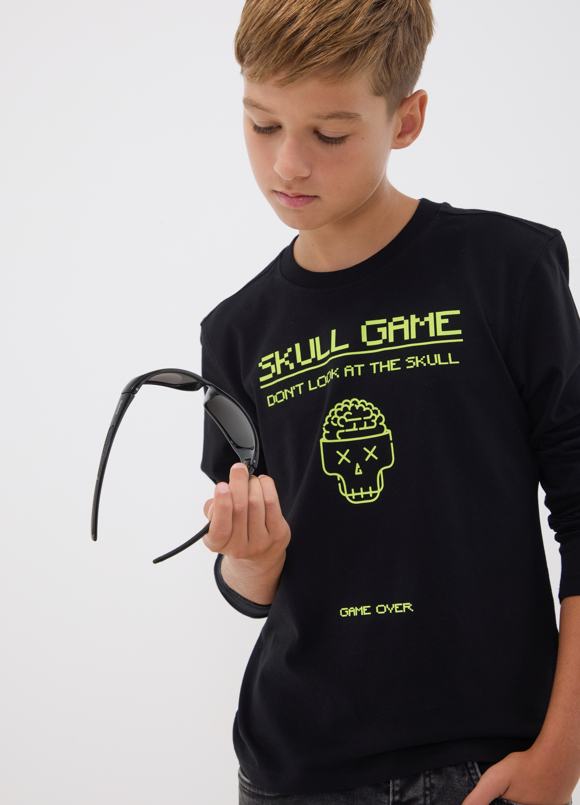 OVS KIDS, T-shirt Nera In Puro Cotone Organico Con Girocollo E Stampa Teschio Per Ragazzo, Bambino, Nero, Taglia: 13-14