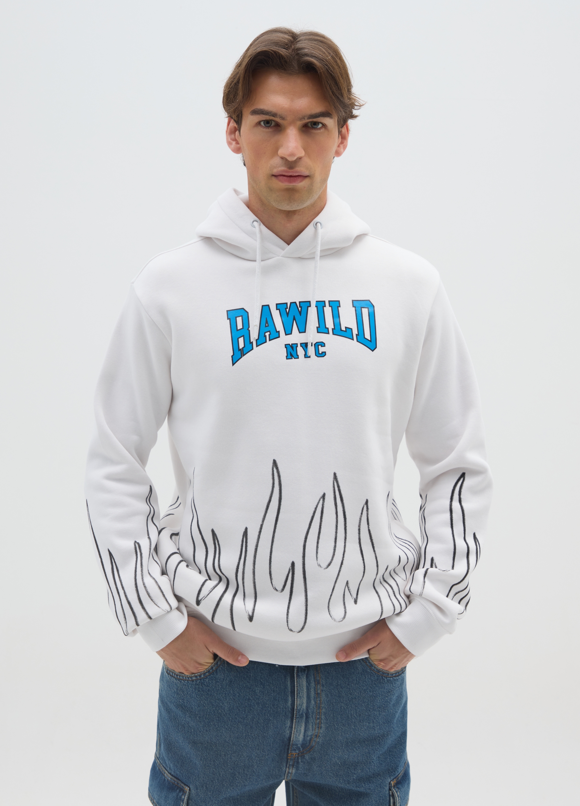 E-TEES, Felpa In Misto Cotone Bianca Con Fiamme, Uomo, Bianco, Taglia: XXL