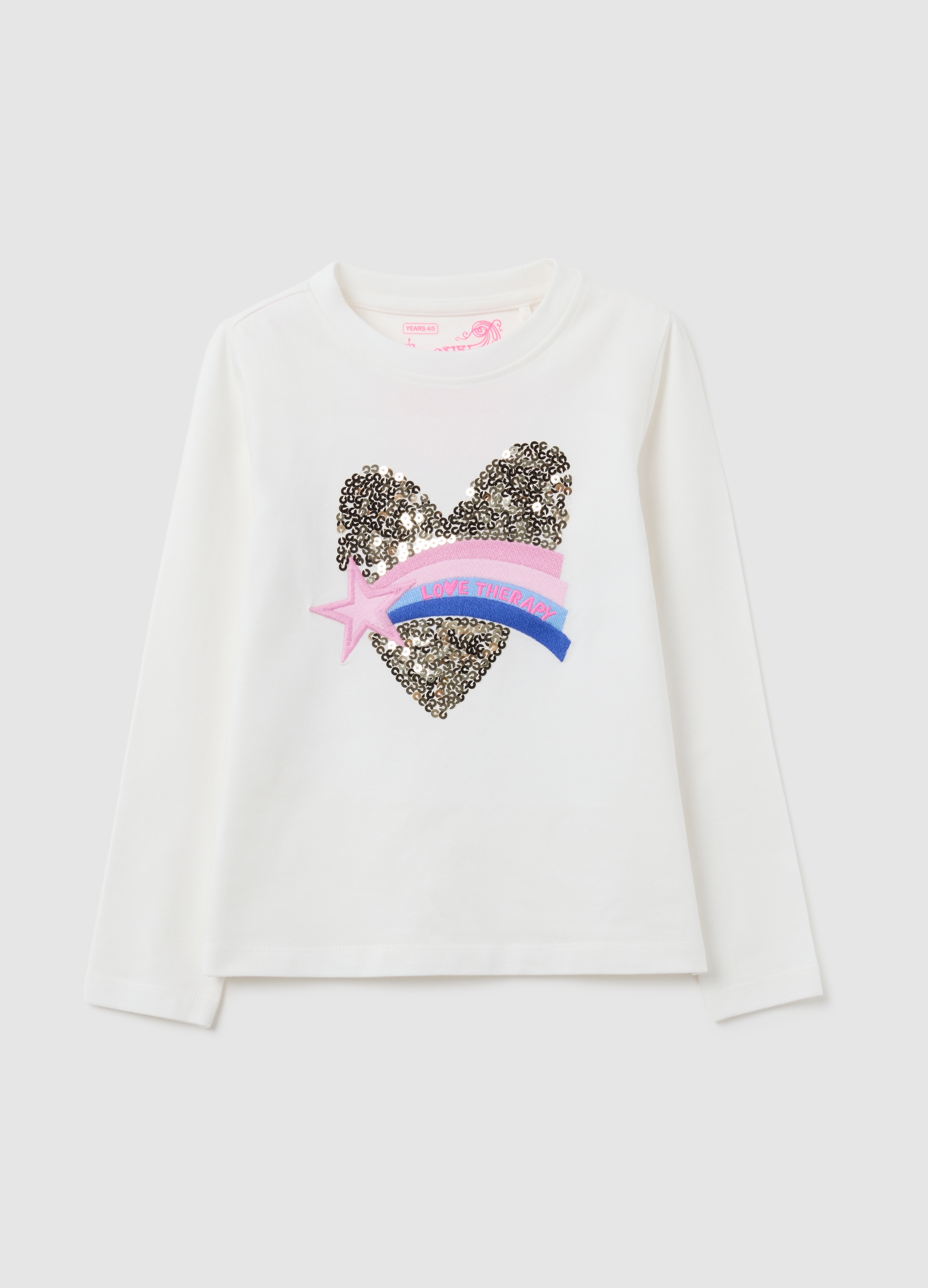 OVS, Weiße Mädchen-t-shirt Mit Herzförmigen Pailletten, Mädchen, Weiches Weiß, Größe: 3-4