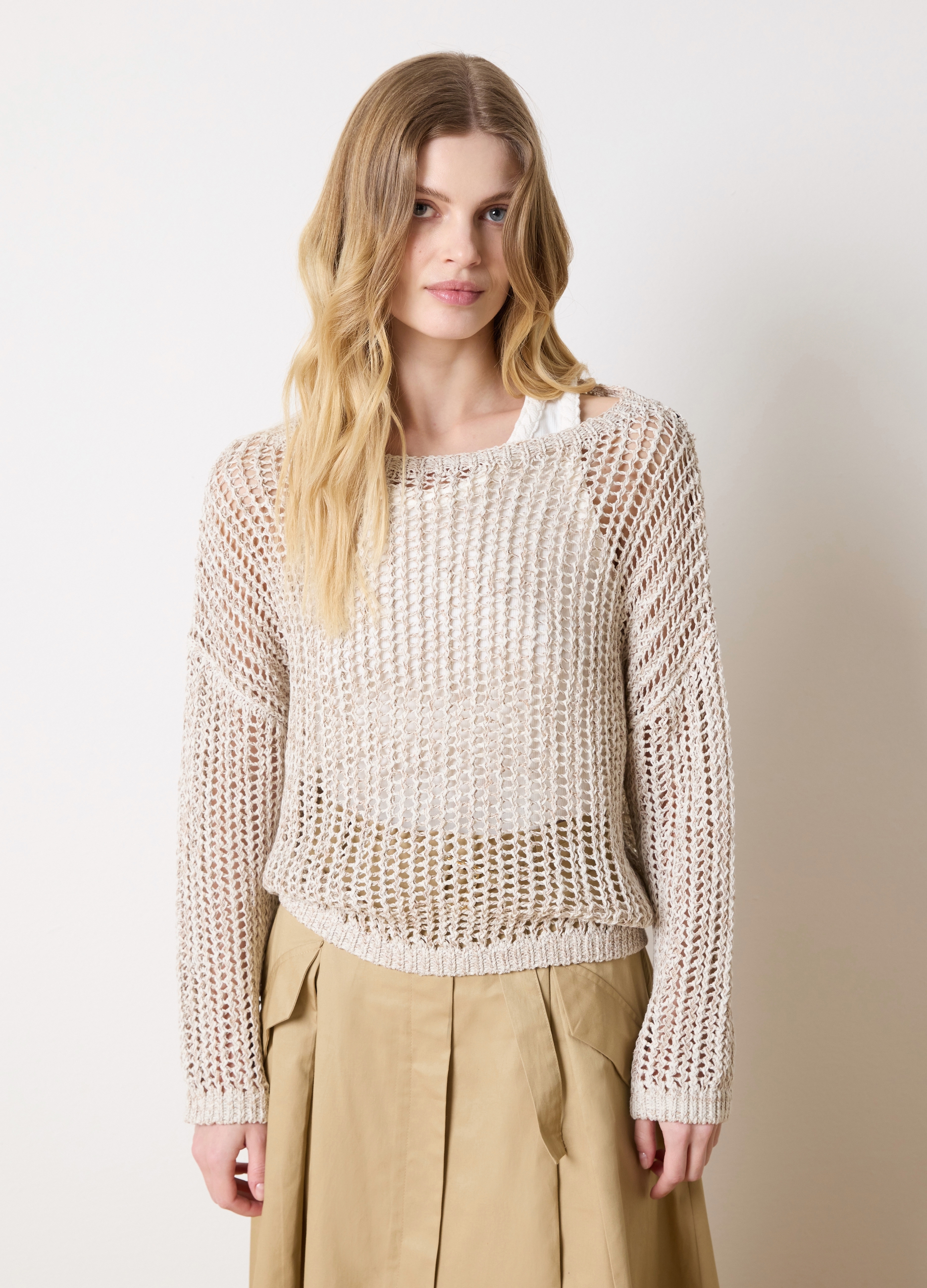 OVS, Maglia Traforata Con Scollo A Barca, Donna, Beige, Taglia: XS