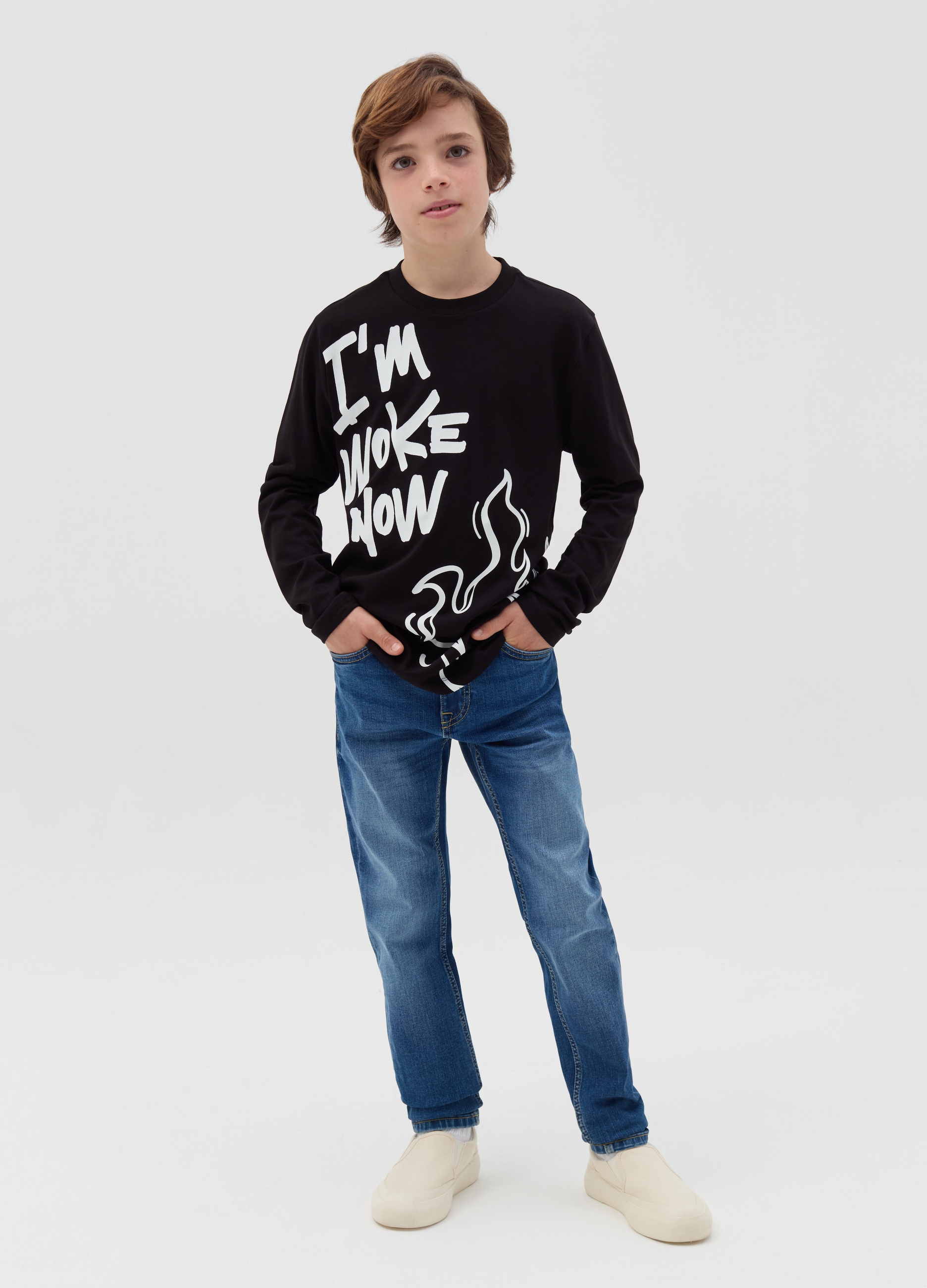 Vaqueros Slim Fit Cinco Bolsillos, Niño, Lavado medio, Talla: 12-13