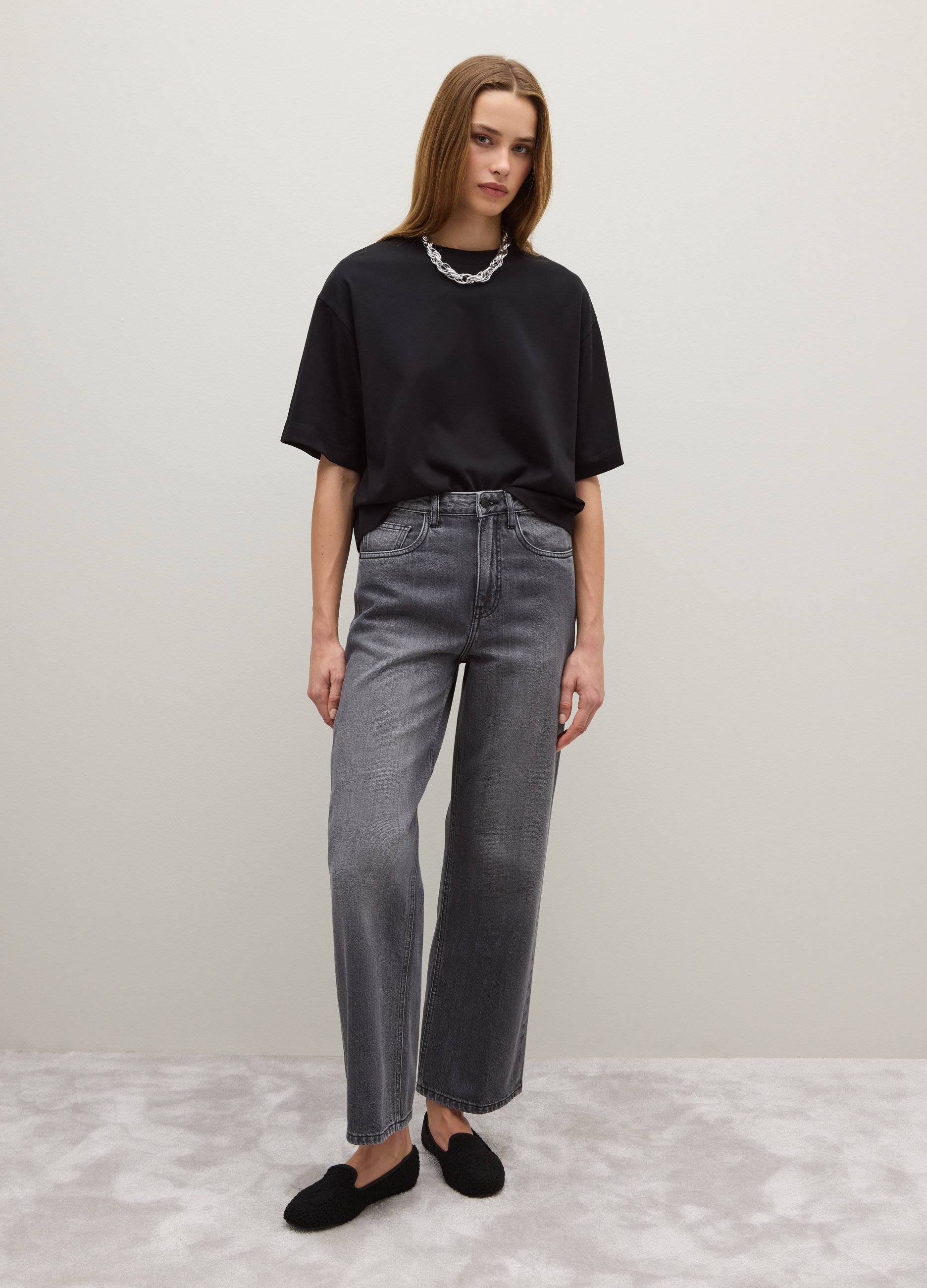 PIOMBO, T-shirt In Misto Cotone Nero Boxy Fit, Donna, Nero, Taglia: M