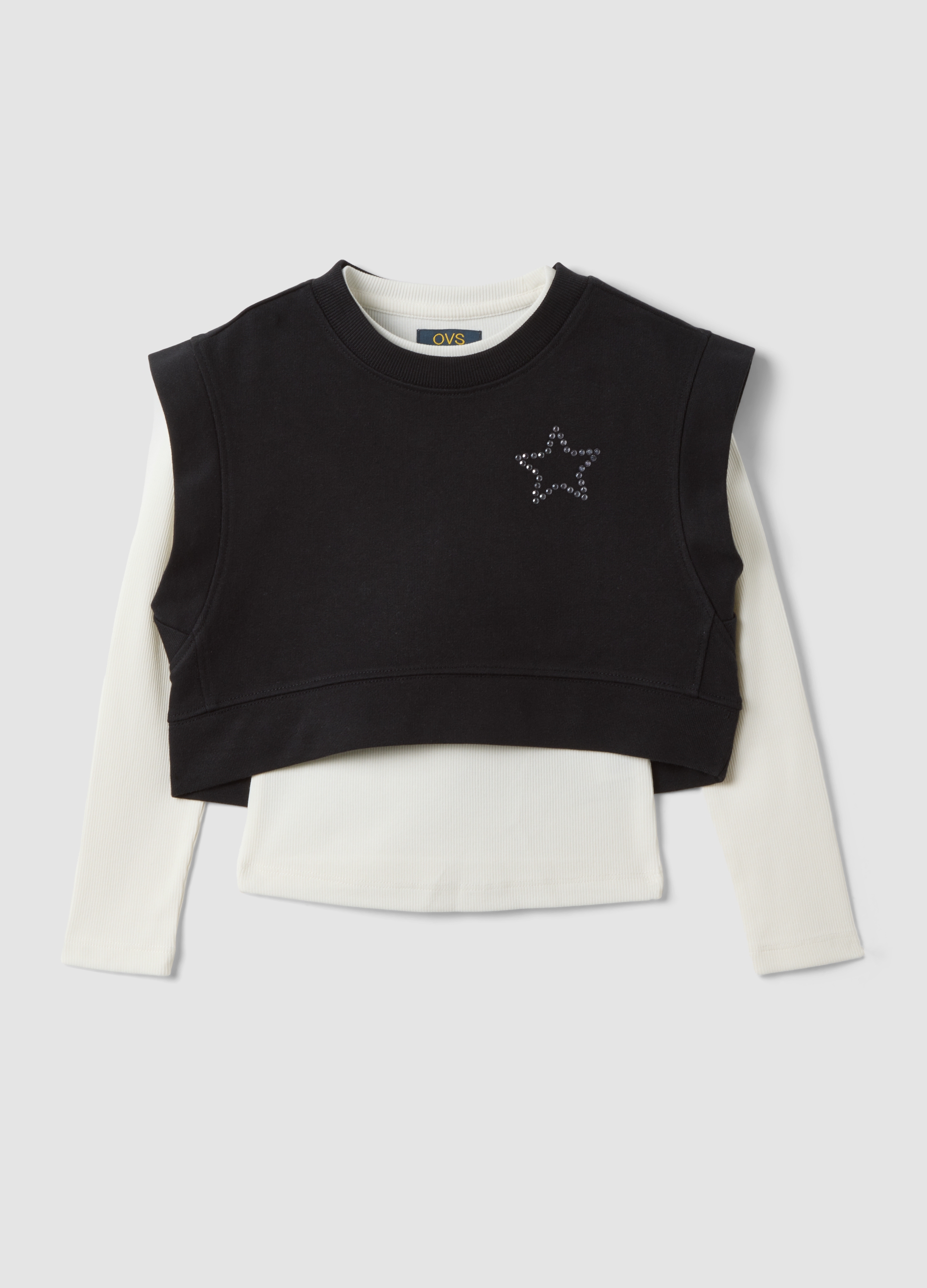 OVS KIDS, Felpa Nera In Puro Cotone Con Girocollo A Strati Per Bambina, Nero, Taglia: 6-7
