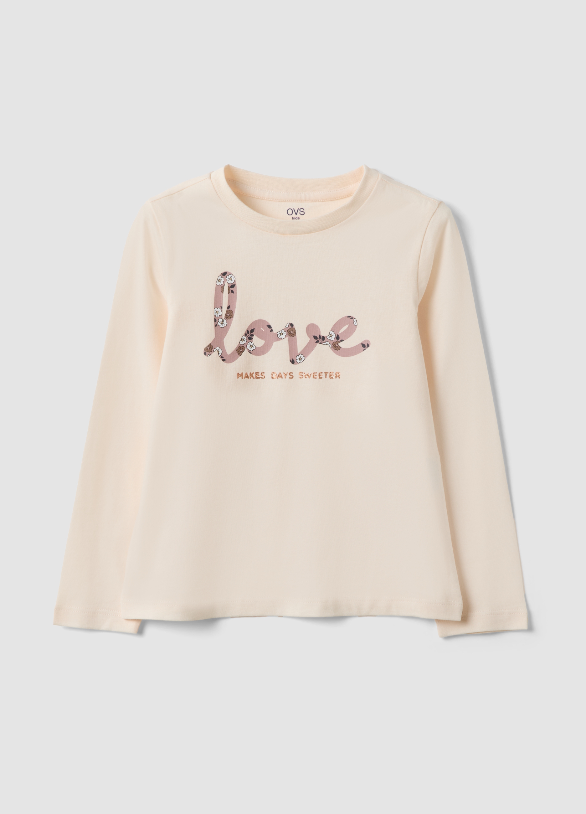 OVS KIDS, T-shirt Beige In Puro Cotone Organico Con Stampa Frontale, Bambina, Beige, Taglia: 8-9