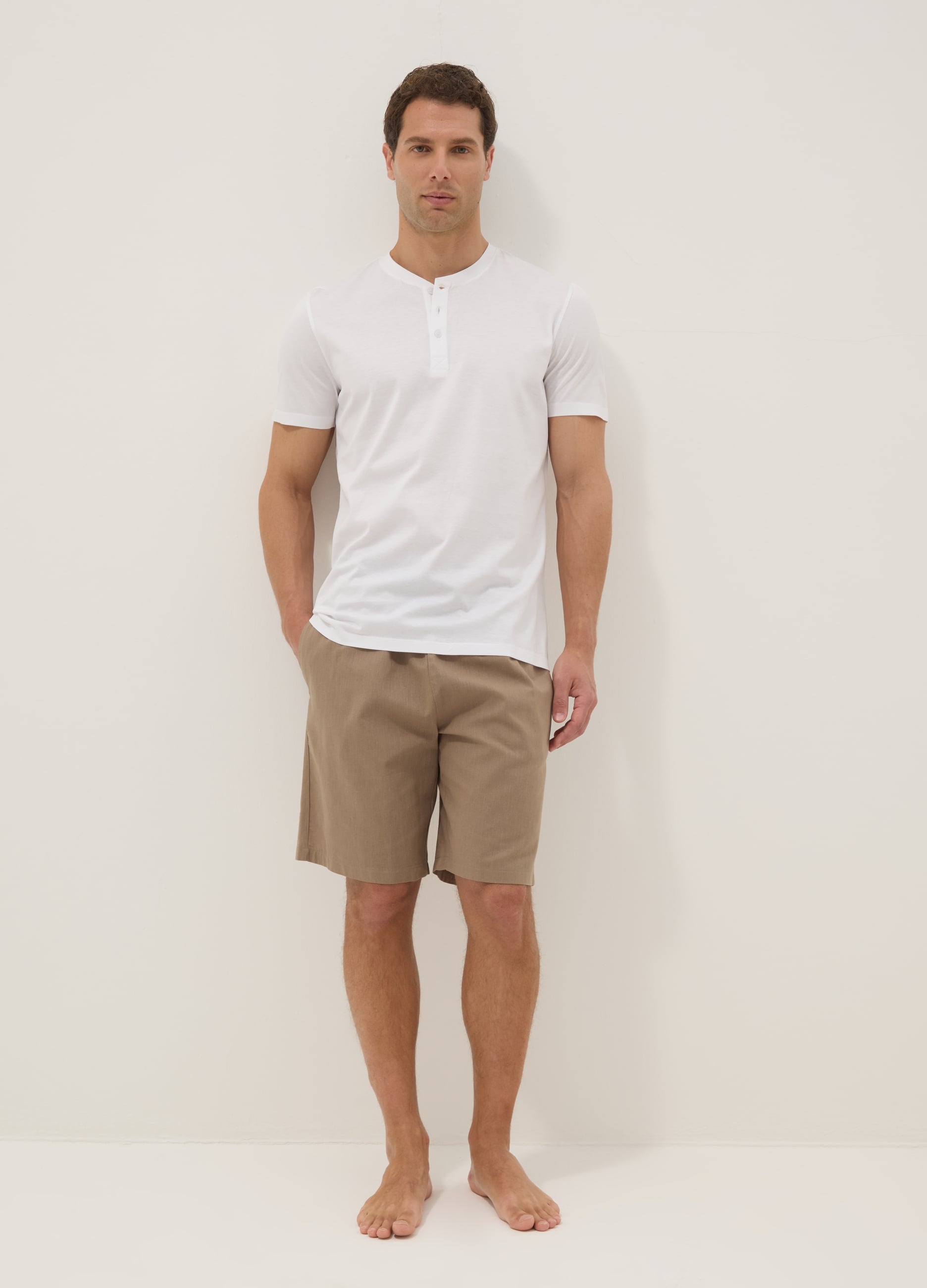 Ovs Uomo Beige Pantaloncini Pigiama In Misto Cotone E Lino Regular Fit, Taglia: L