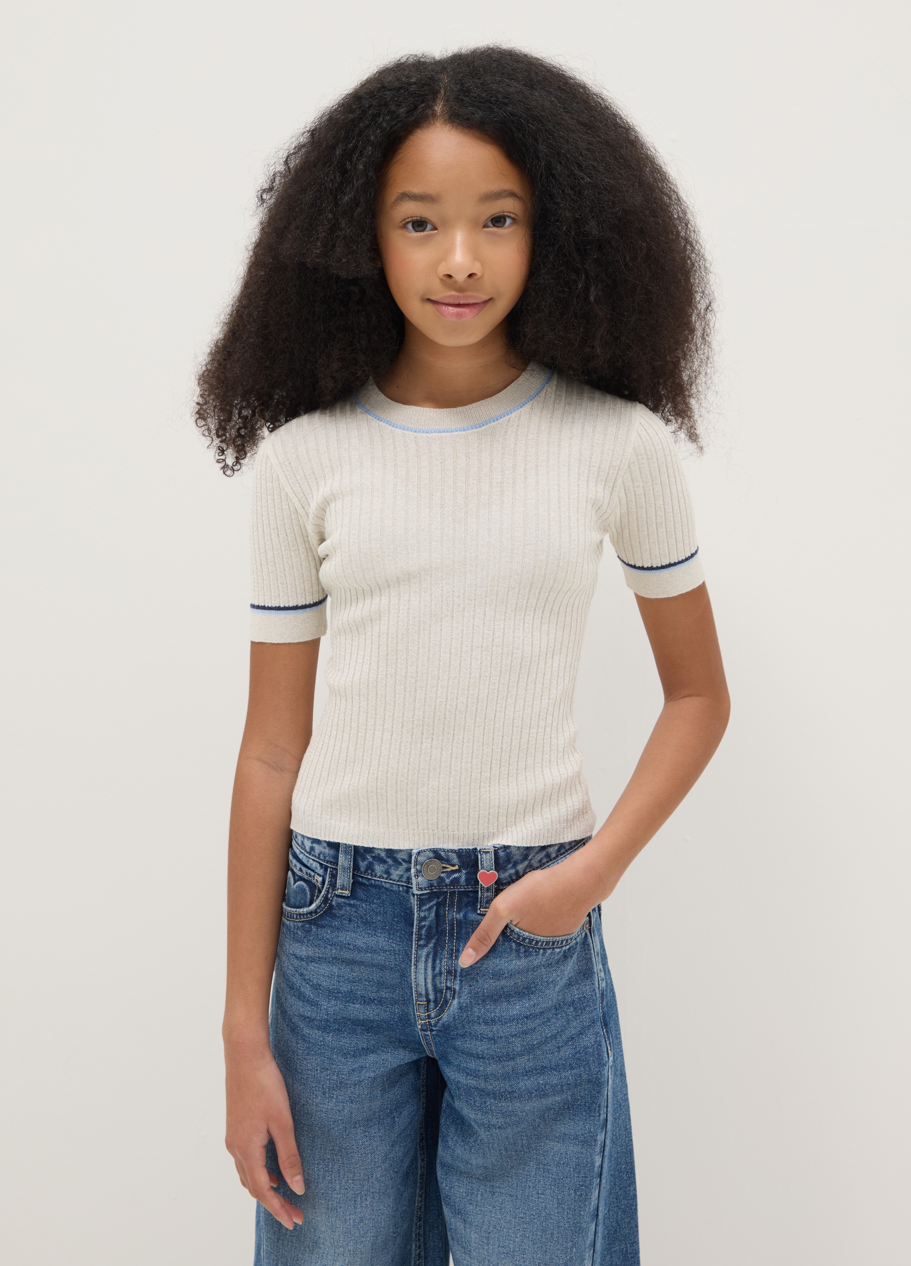 Imagen OVS KIDS, Camiseta De Rayas Beige Slim Fit Para Chica, Niña, Beige Jaspeado, Talla: 13-14