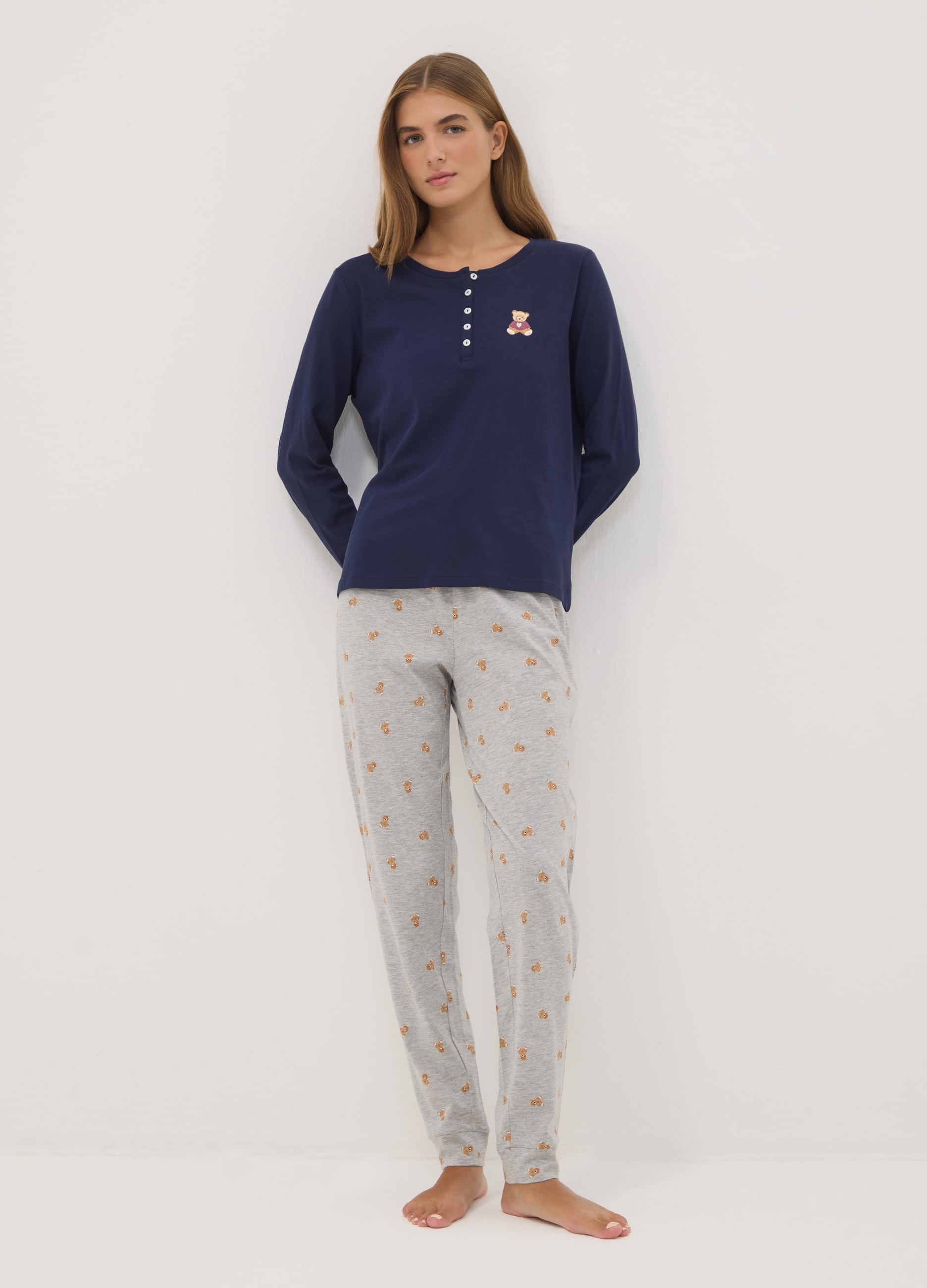 OVS, Pigiama Blu Notte In Puro Cotone Organico Con Scollo Serafino, Donna, Blu, Taglia: S
