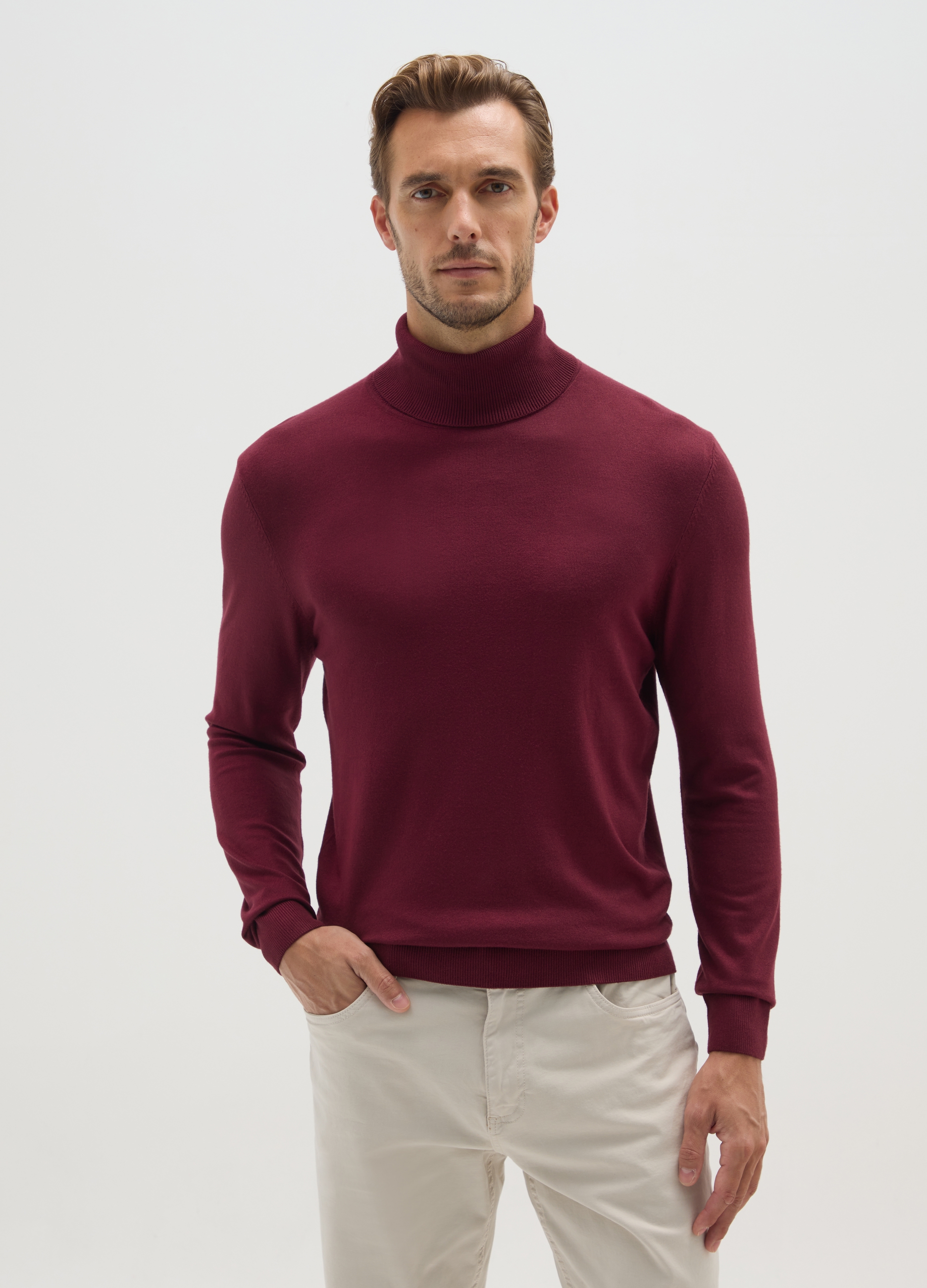 Suéter De Cuello Alto Rojo Ajuste Regular, Hombre, Rojo Oscuro, Talla: S